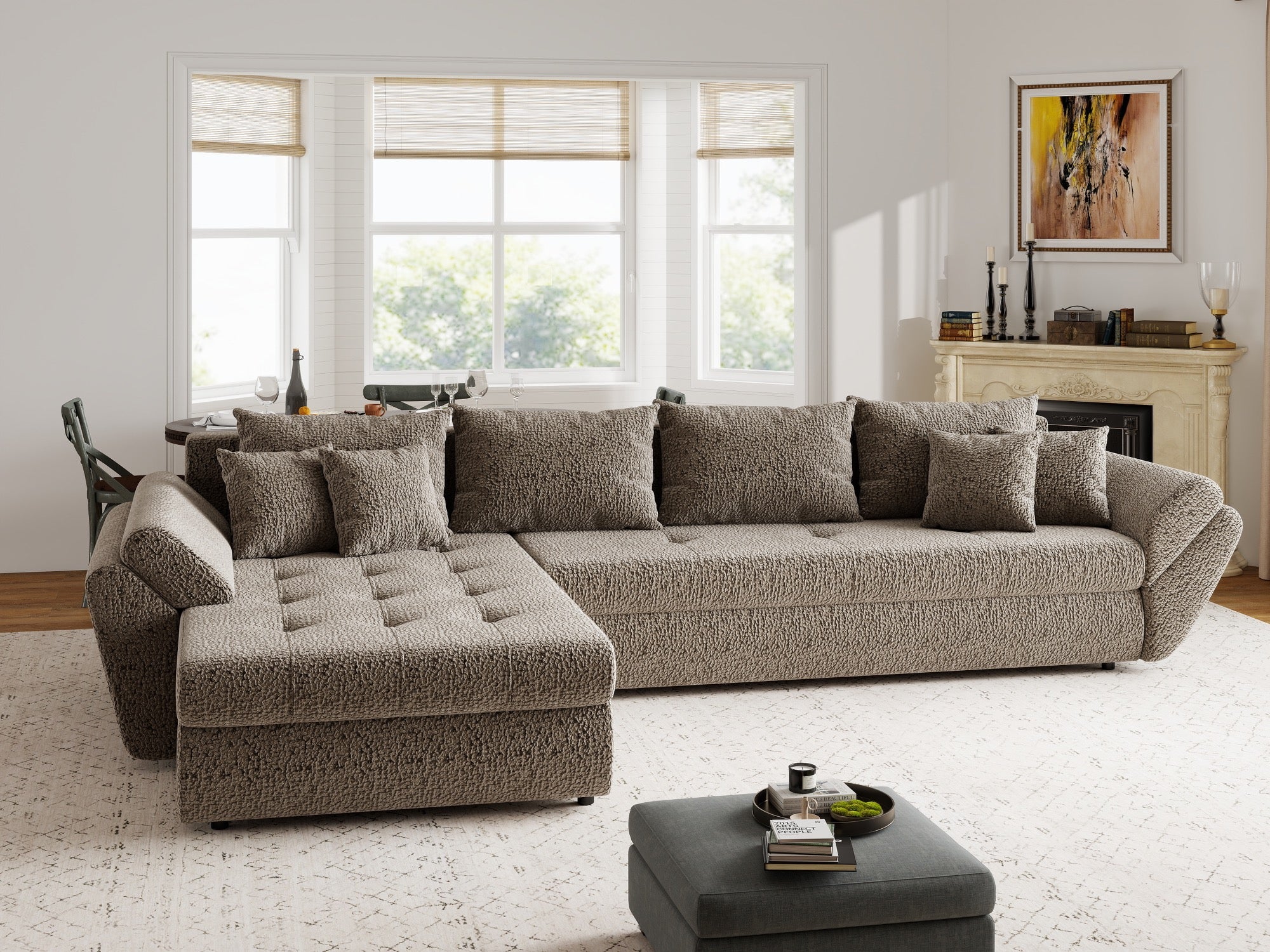 Colțar extensibil dumonde cu ladă de depozitare si sezut confortabil din spuma high-density, Loana XL Jaguar Maro Cappuccino 335x185 cm