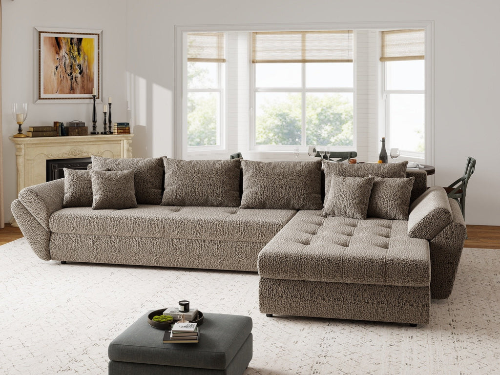 Colțar extensibil dumonde cu ladă de depozitare si sezut confortabil din spuma high-density, Loana XL Jaguar Maro Cappuccino II 335x185 cm