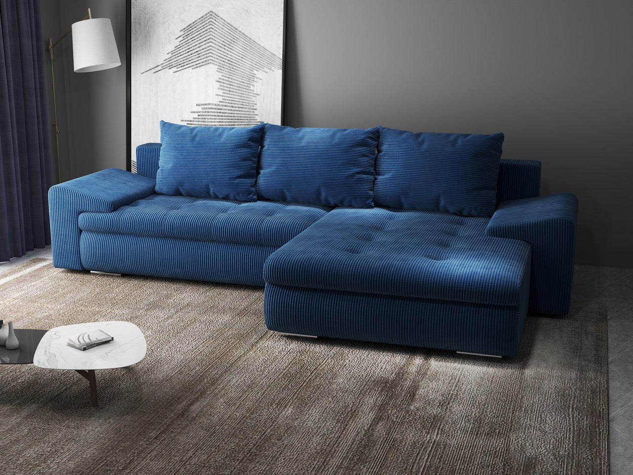 Colțar extensibil dumonde cu ladă de depozitare si sezut confortabil din spuma high-density, Leonardo Zoom Albastru 260x185 cm II