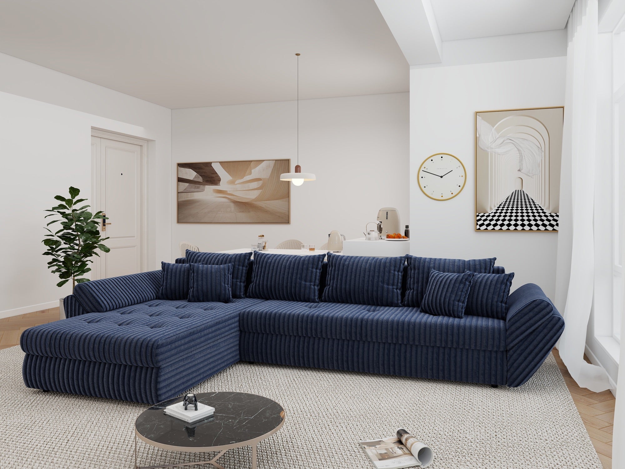 Colțar extensibil dumonde cu ladă de depozitare si sezut confortabil din spuma high-density, Loana XL Tilia Albastru 335x185 cm