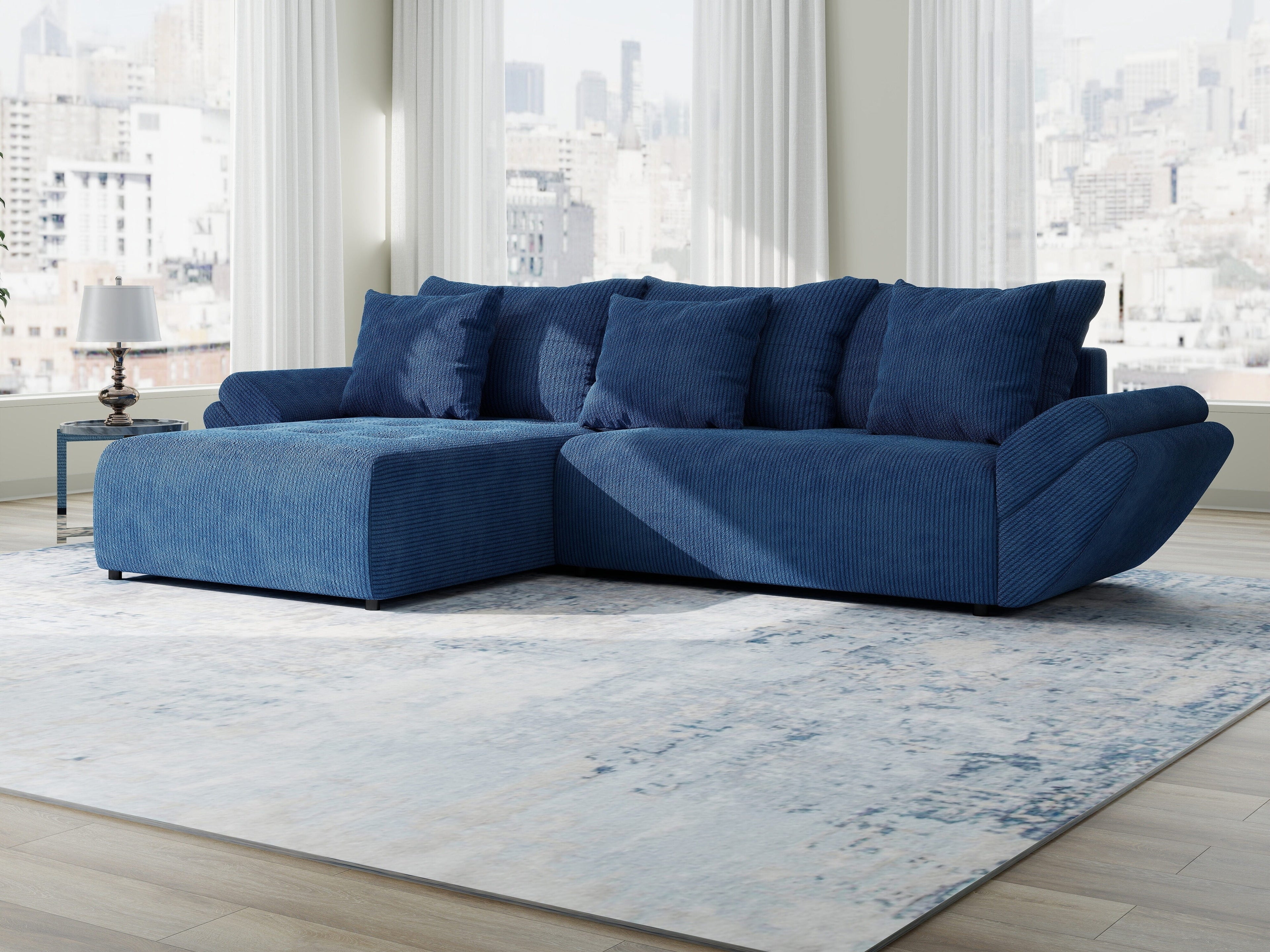 Colțar extensibil dumonde cu ladă de depozitare si sezut confortabil din spuma high-density, Berlin Zoom Albastru 280x185 cm