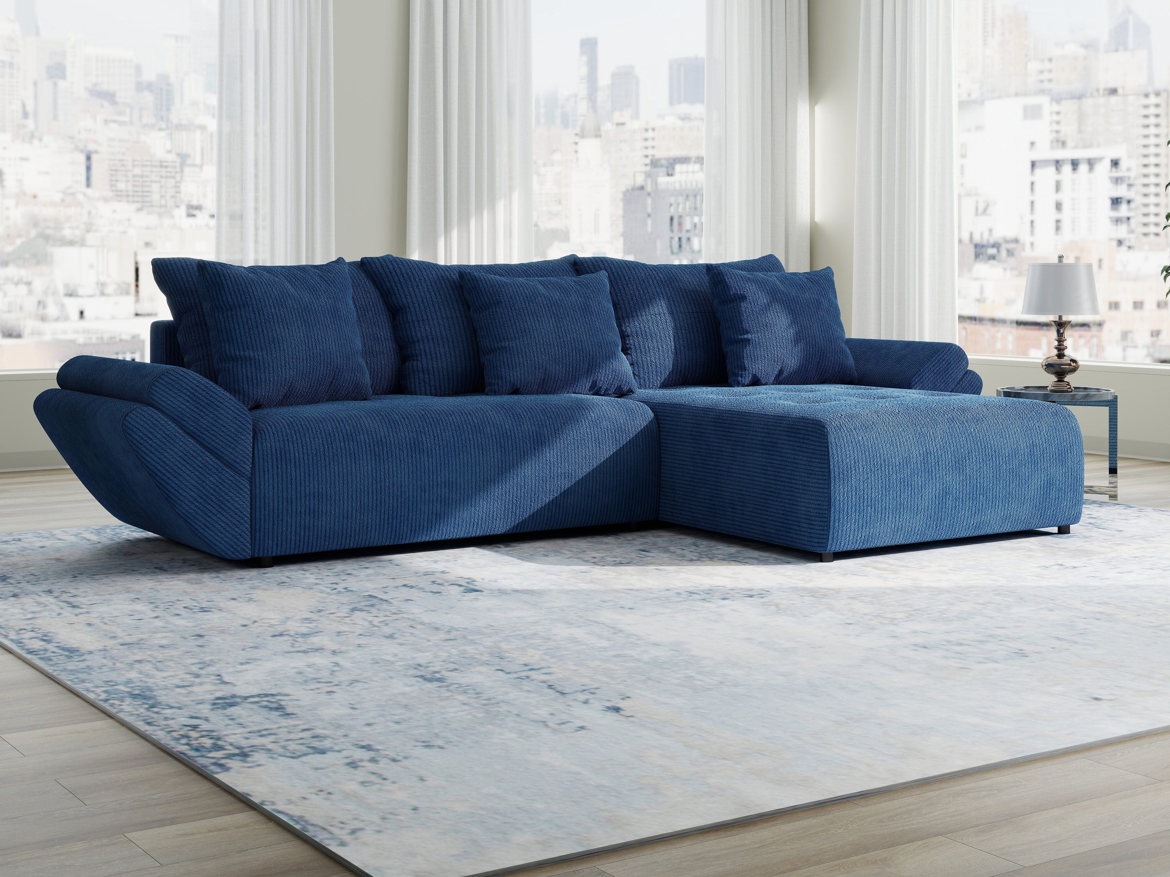 Colțar extensibil dumonde cu ladă de depozitare si sezut confortabil din spuma high-density, Berlin Zoom Albastru 280x185 cm II