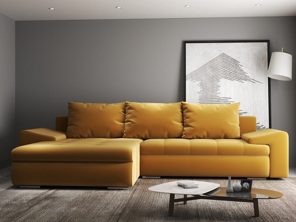 Colțar extensibil dumonde cu ladă de depozitare si sezut confortabil din spuma high-density, Leonardo Royal Mustar 260x185 cm
