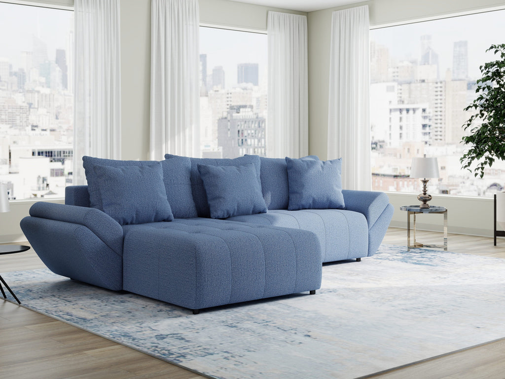 Colțar extensibil dumonde cu ladă de depozitare si sezut confortabil din spuma high-density, Berlin Enjoy Albastru 280x185 cm