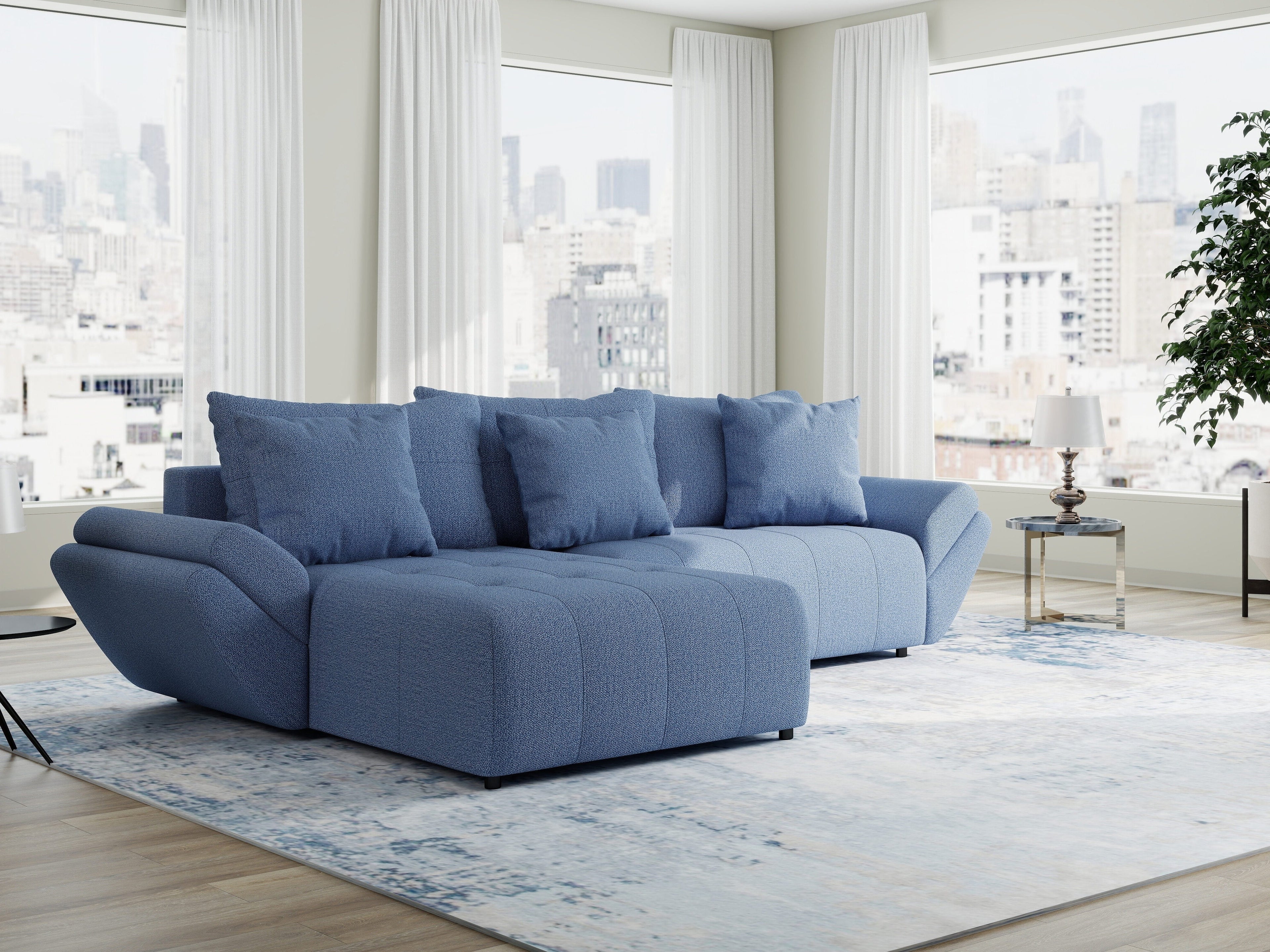 Colțar extensibil dumonde cu ladă de depozitare si sezut confortabil din spuma high-density, Berlin Enjoy Albastru 280x185 cm