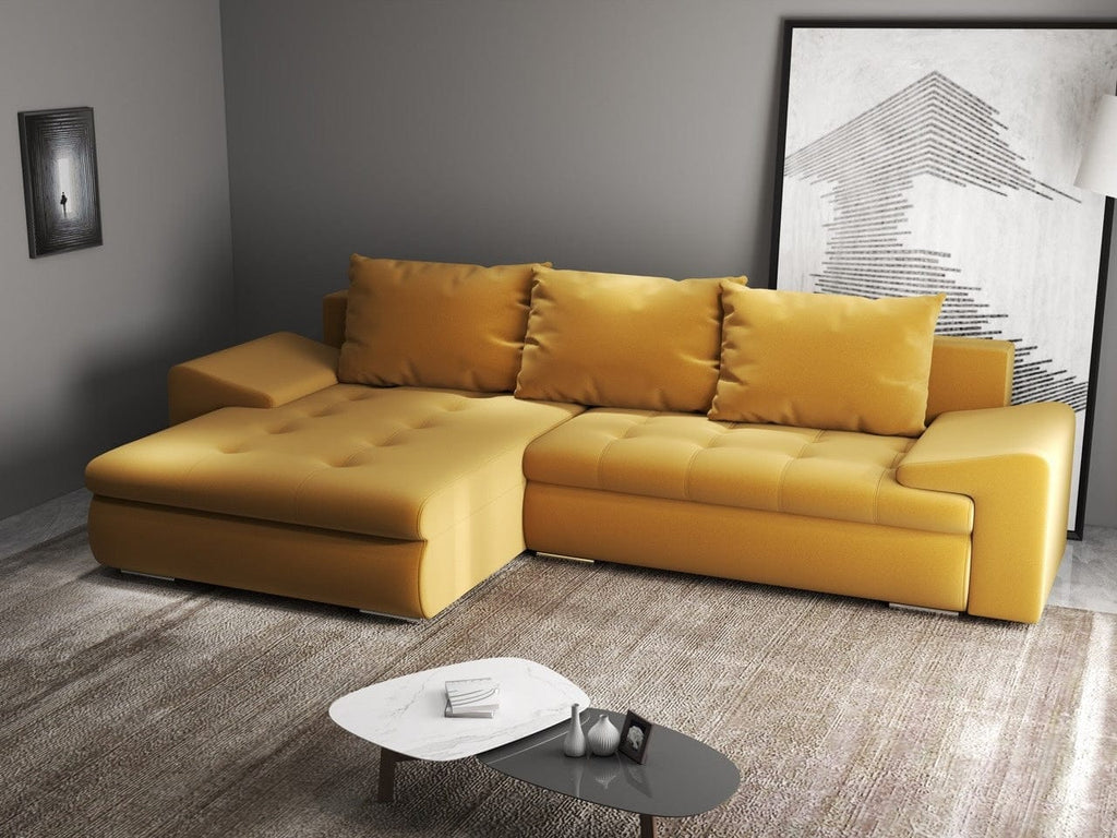 Colțar extensibil dumonde cu ladă de depozitare si sezut confortabil din spuma high-density, Leonardo Royal Mustar 260x185 cm