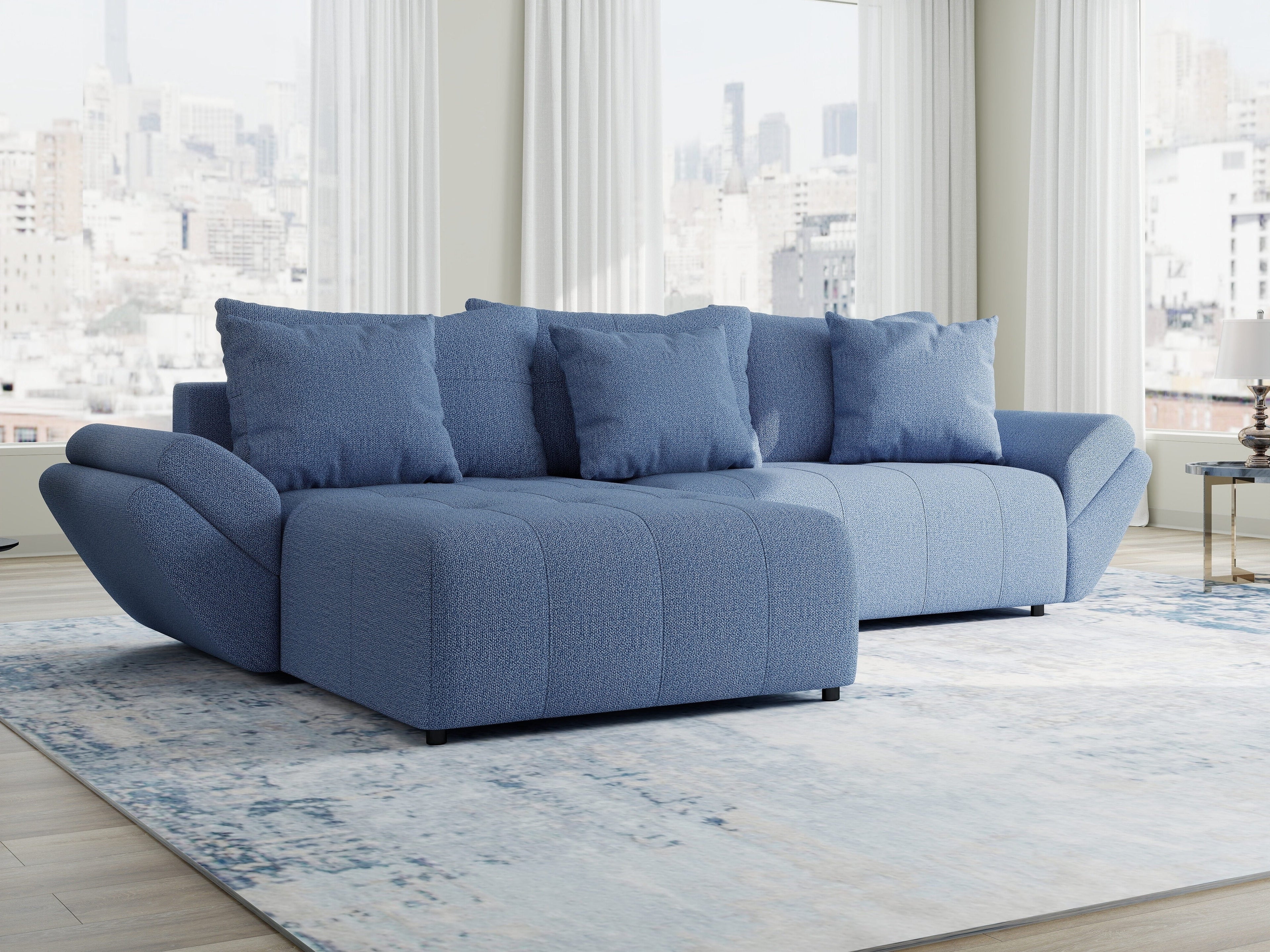 Colțar extensibil dumonde cu ladă de depozitare si sezut confortabil din spuma high-density, Berlin Enjoy Albastru 280x185 cm