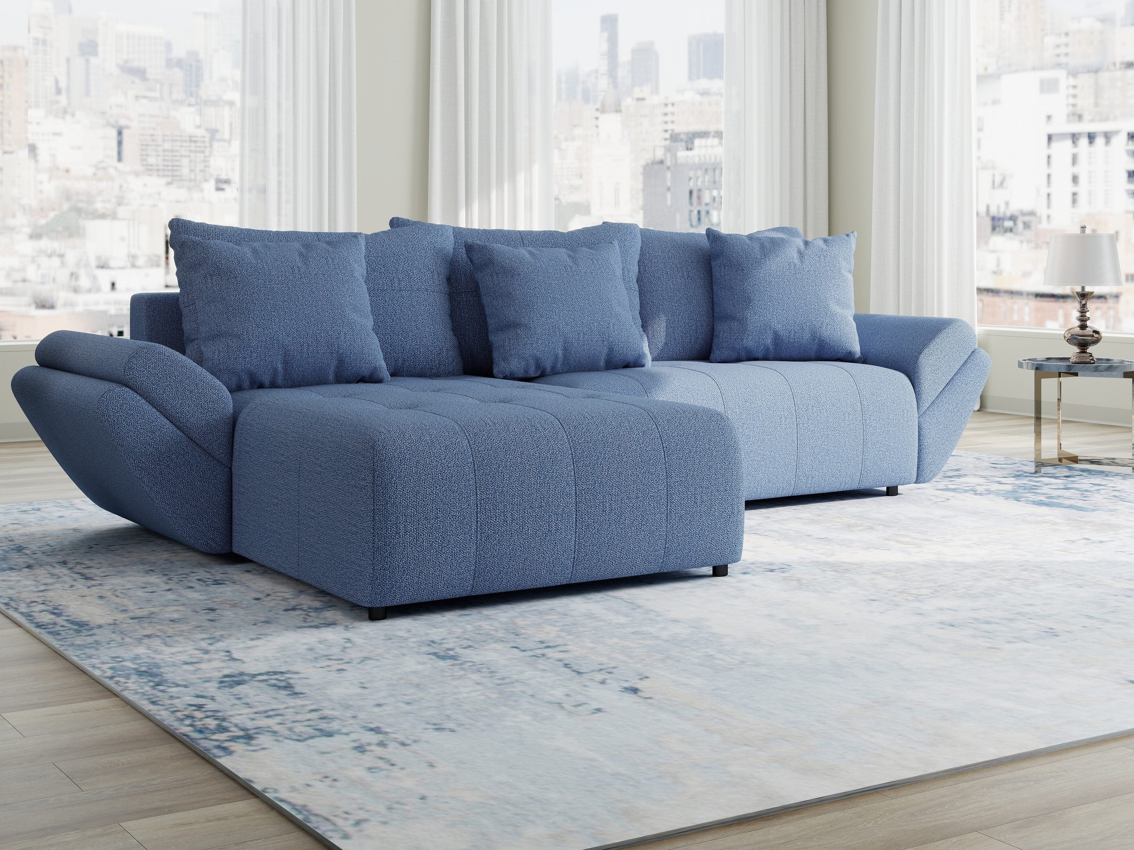 Colțar extensibil dumonde cu ladă de depozitare si sezut confortabil din spuma high-density, Berlin Enjoy Albastru 280x185 cm