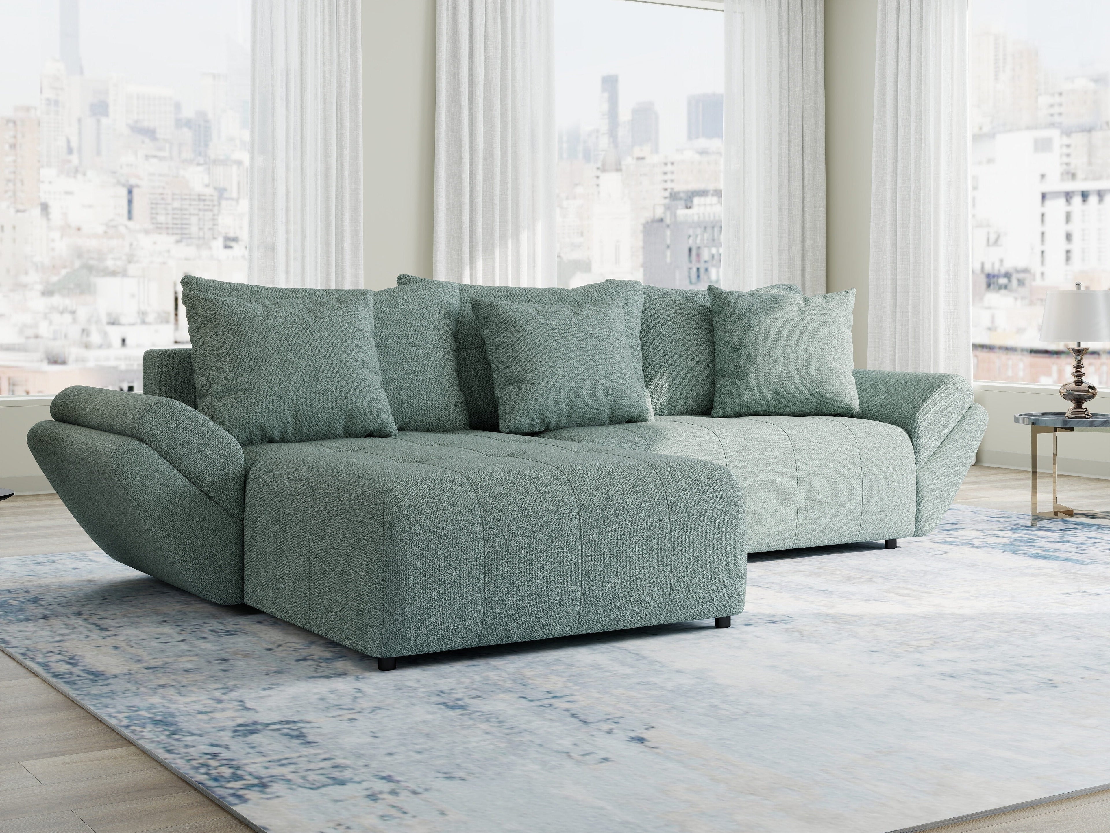Colțar extensibil dumonde cu ladă de depozitare si sezut confortabil din spuma high-density, Berlin Enjoy Verde Mint 280x185 cm