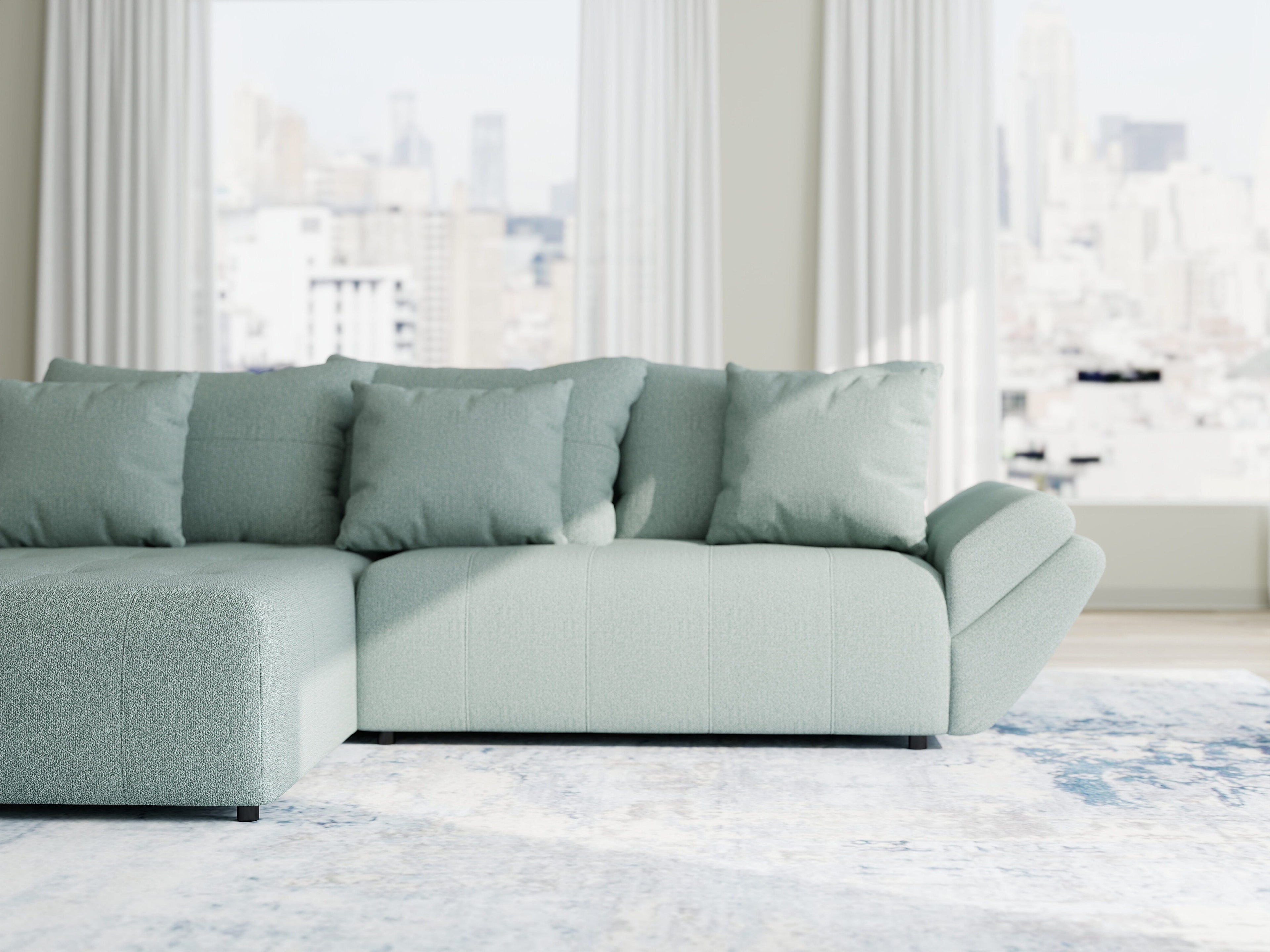 Colțar extensibil dumonde cu ladă de depozitare si sezut confortabil din spuma high-density, Berlin Enjoy Verde Mint 280x185 cm