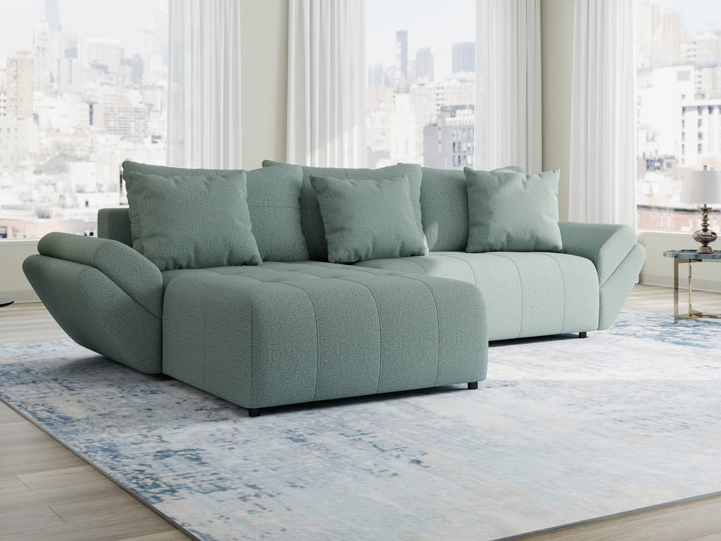 Colțar extensibil dumonde cu ladă de depozitare si sezut confortabil din spuma high-density, Berlin Enjoy Verde Mint 280x185 cm