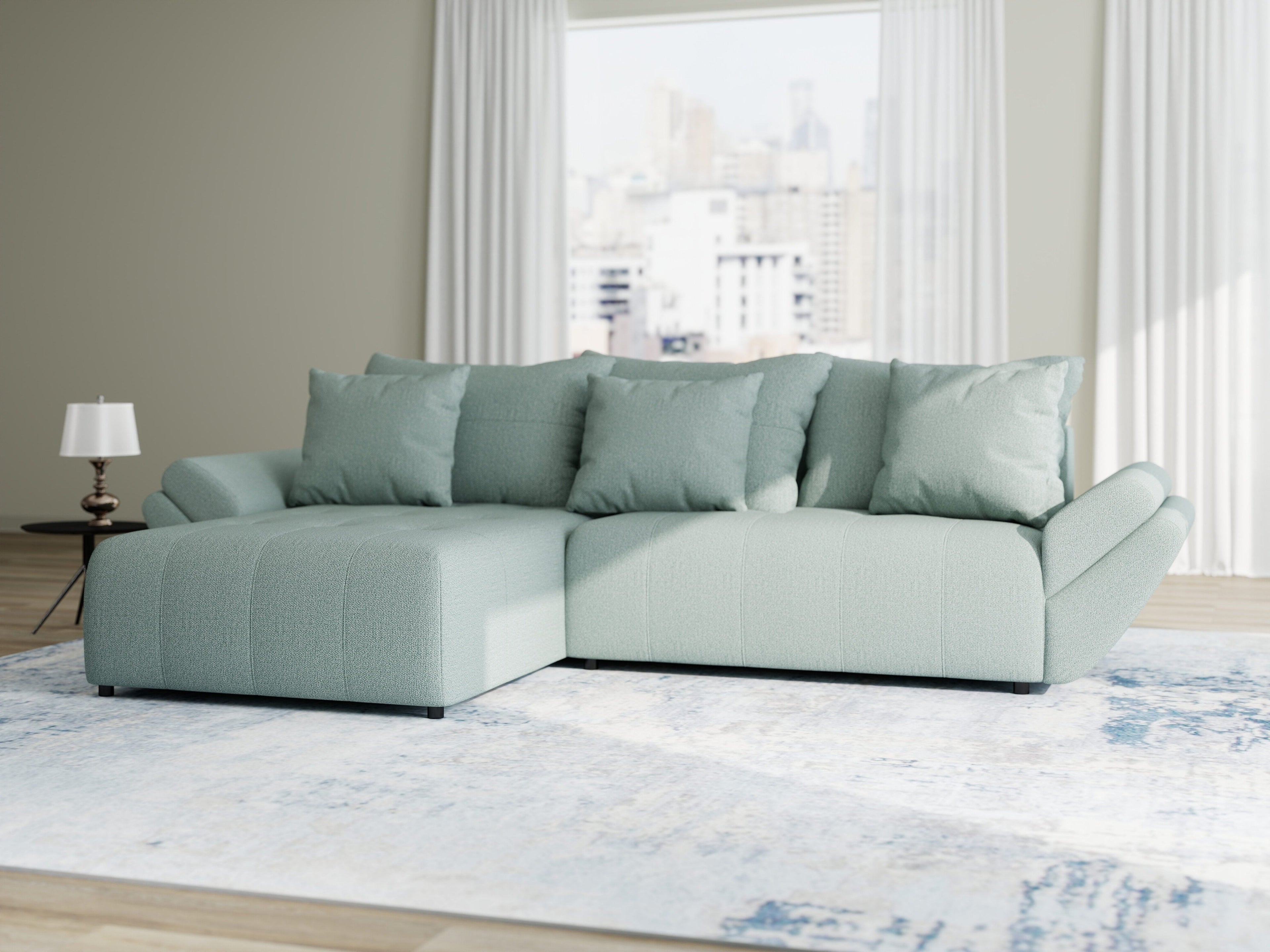 Colțar extensibil dumonde cu ladă de depozitare si sezut confortabil din spuma high-density, Berlin Enjoy Verde Mint 280x185 cm