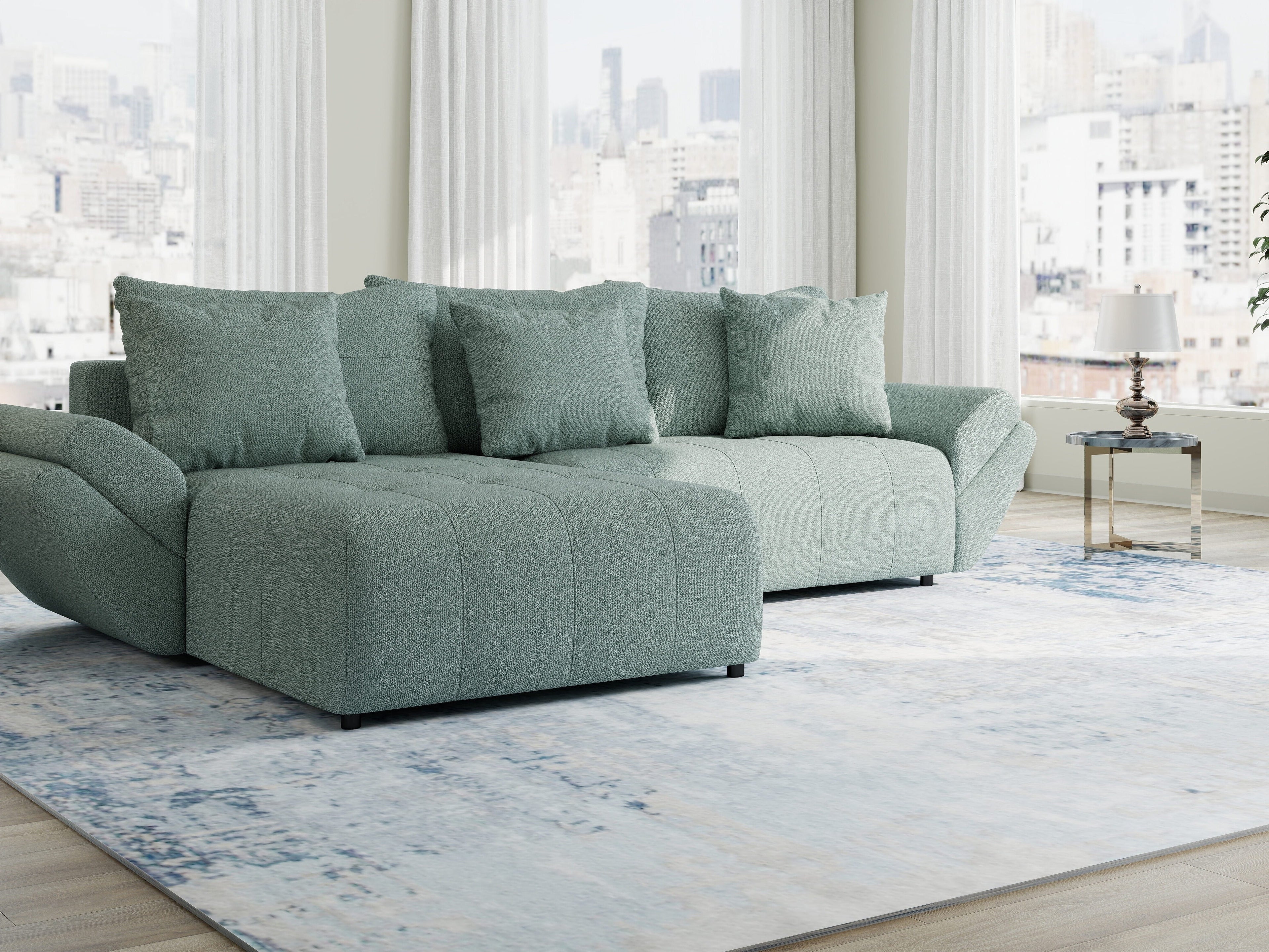 Colțar extensibil dumonde cu ladă de depozitare si sezut confortabil din spuma high-density, Berlin Enjoy Verde Mint 280x185 cm