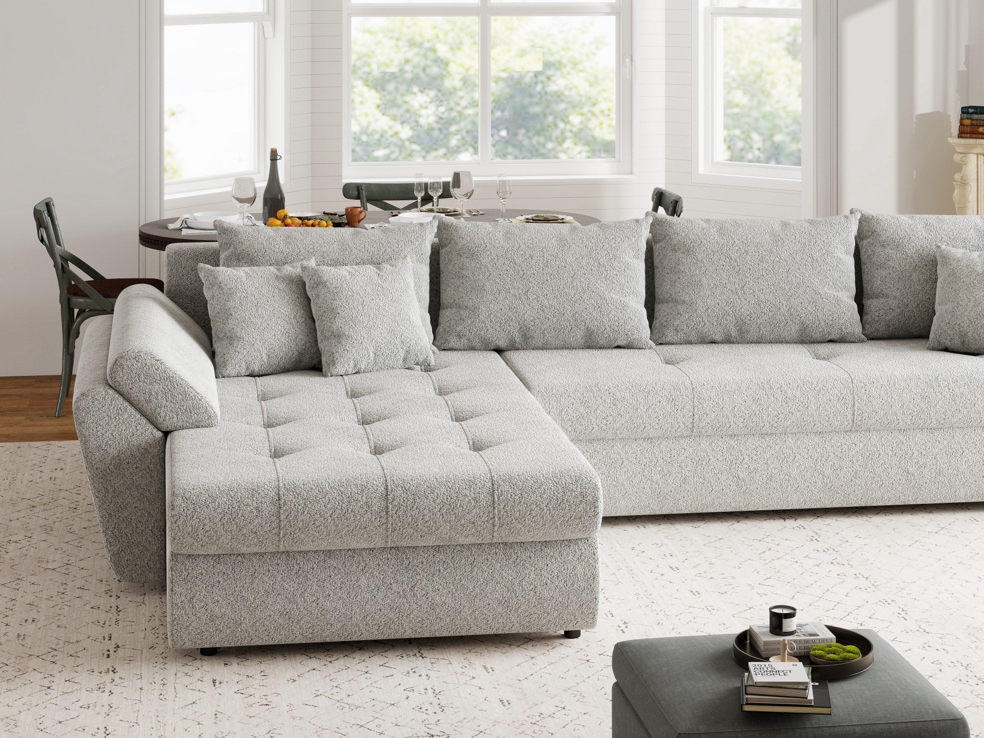Colțar extensibil dumonde cu ladă de depozitare si sezut confortabil din spuma high-density, Loana XL Arena Gri 335x185 cm