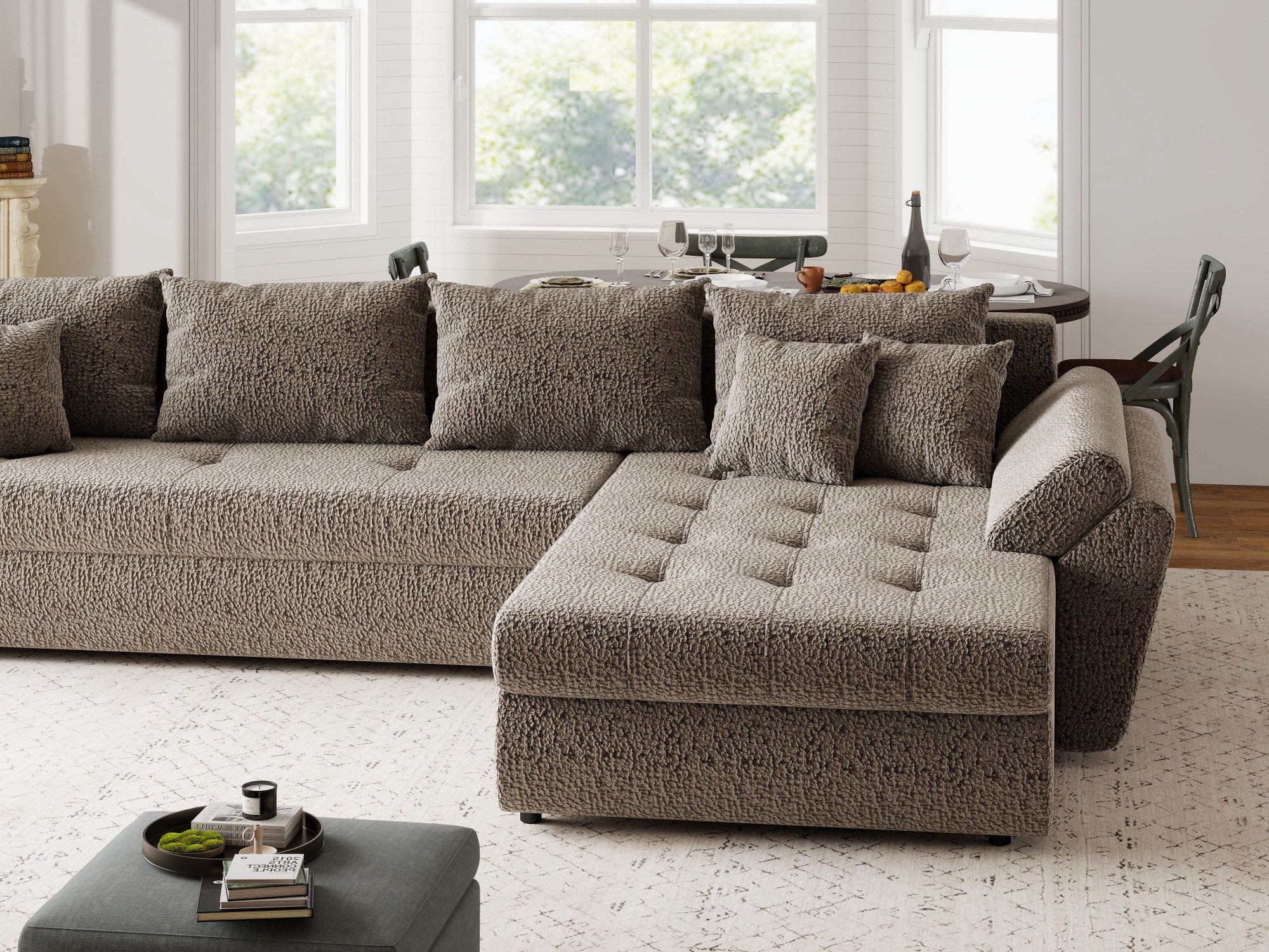 Colțar extensibil dumonde cu ladă de depozitare si sezut confortabil din spuma high-density, Loana XL Jaguar Maro Cappuccino II 335x185 cm