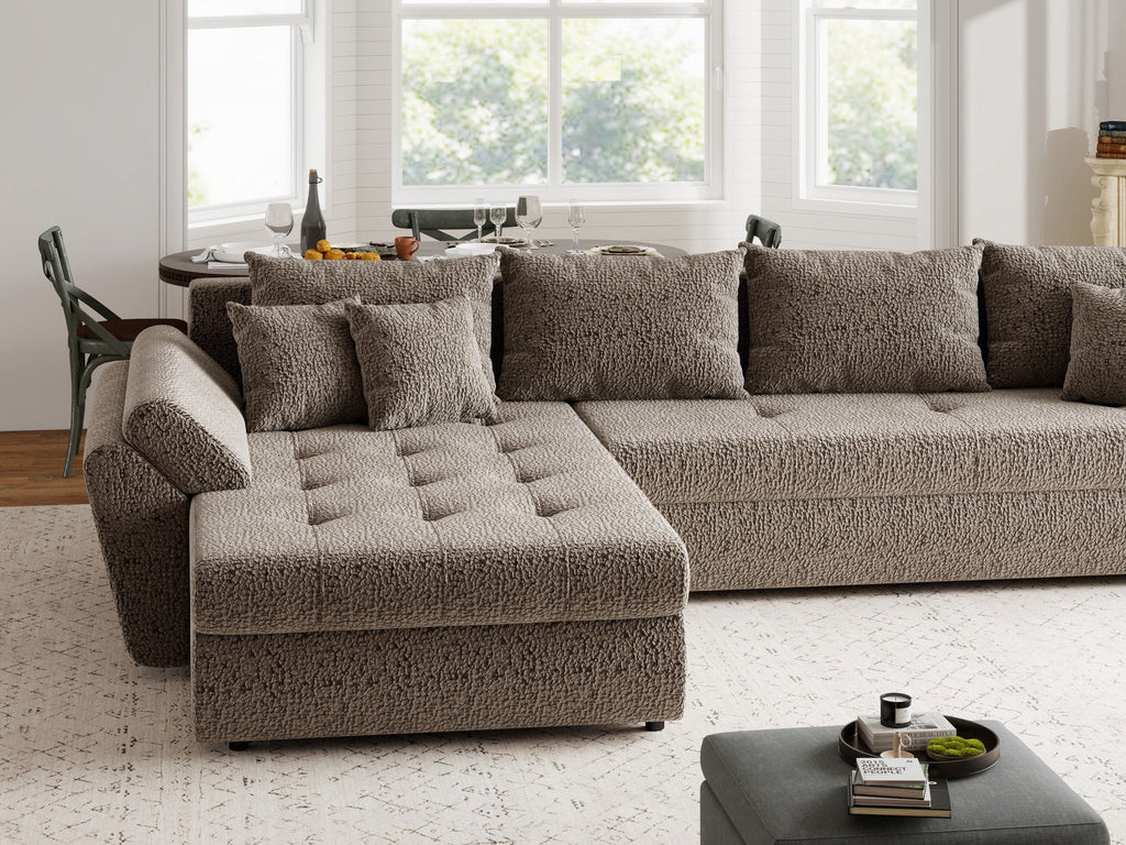 Colțar extensibil dumonde cu ladă de depozitare si sezut confortabil din spuma high-density, Loana XL Jaguar Maro Cappuccino 335x185 cm