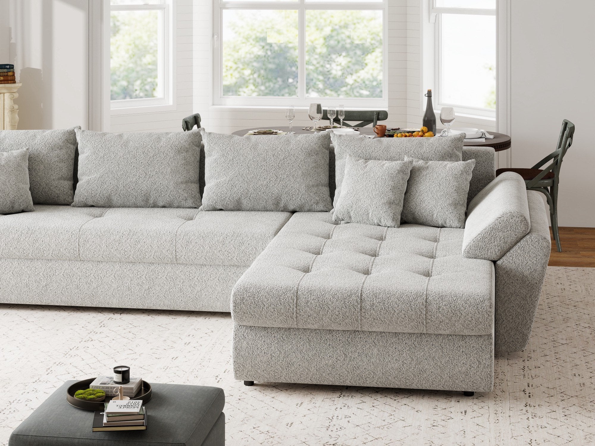 Colțar extensibil dumonde cu ladă de depozitare si sezut confortabil din spuma high-density, Loana XL Arena Gri II 335x185 cm