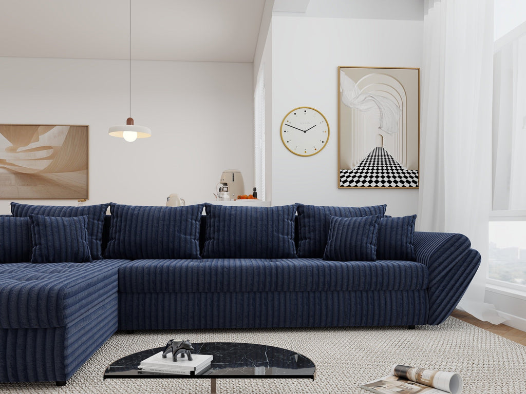 Colțar extensibil dumonde cu ladă de depozitare si sezut confortabil din spuma high-density, Loana XL Tilia Albastru 335x185 cm