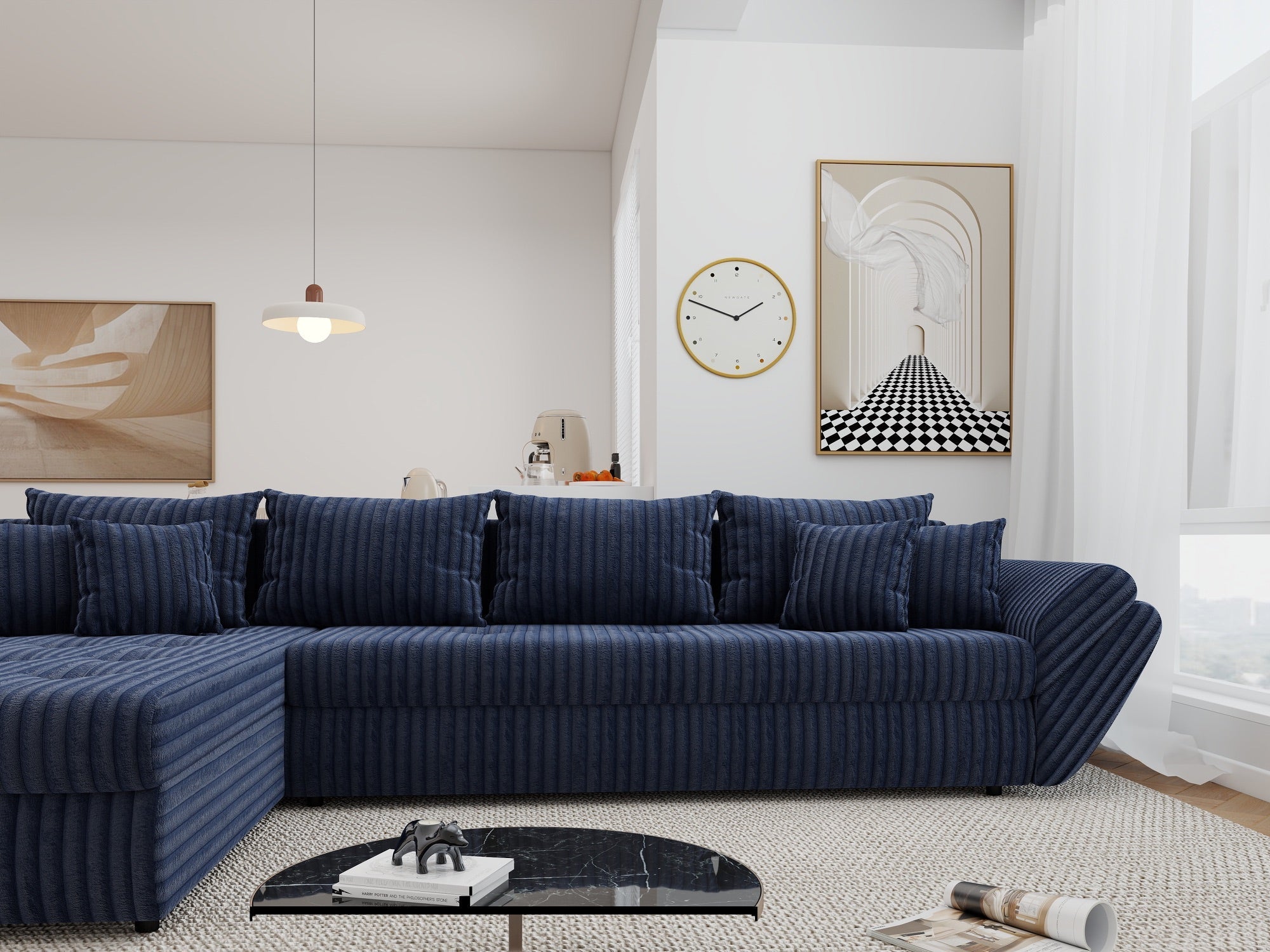 Colțar extensibil dumonde cu ladă de depozitare si sezut confortabil din spuma high-density, Loana XL Tilia Albastru 335x185 cm