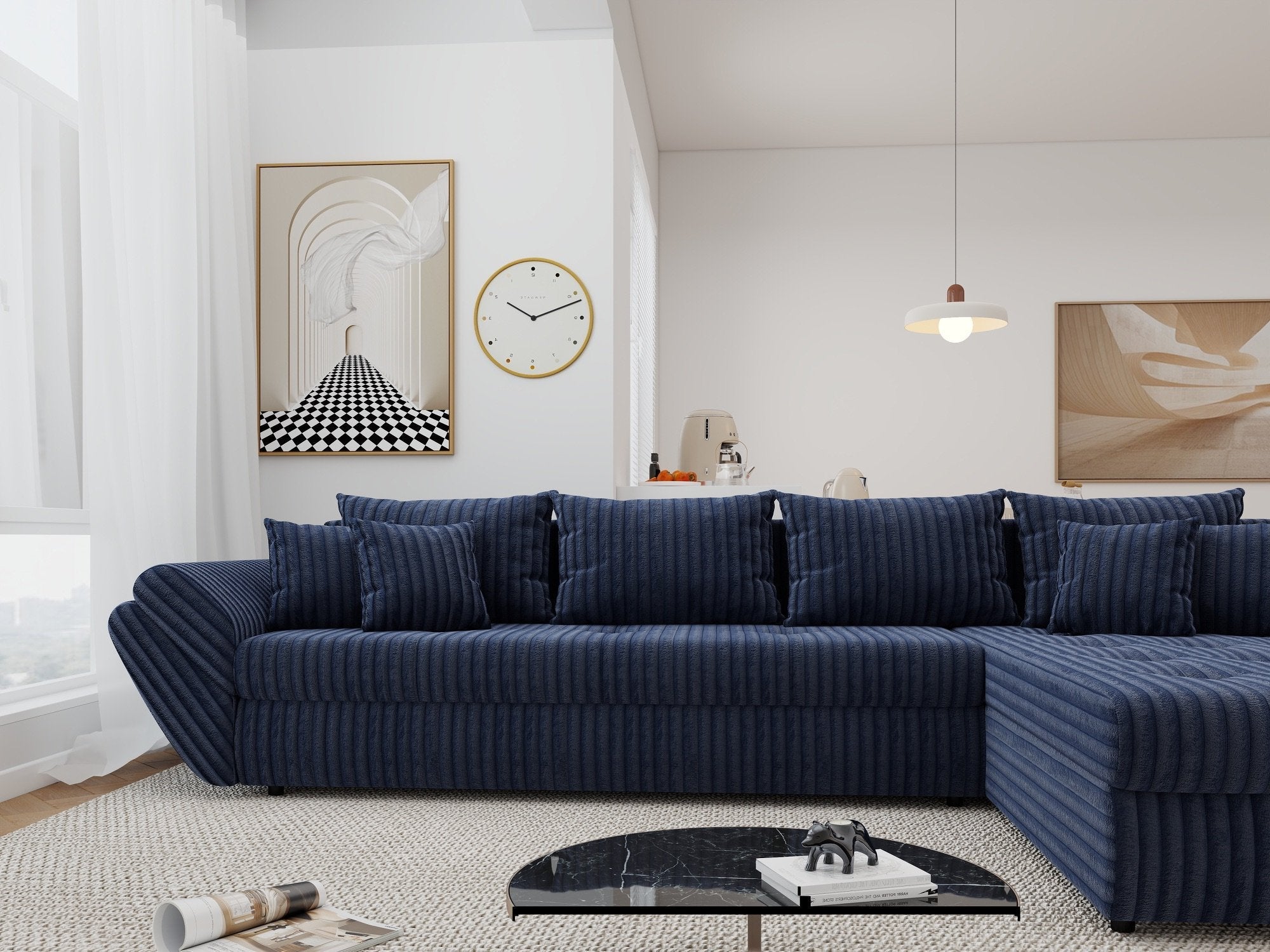 Colțar extensibil dumonde cu ladă de depozitare si sezut confortabil din spuma high-density, Loana XL Tilia Albastru II 335x185 cm