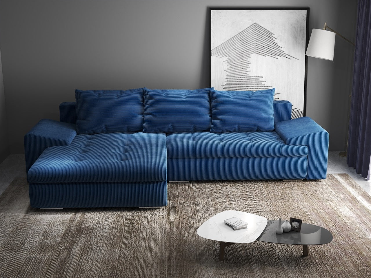 Colțar extensibil dumonde cu ladă de depozitare si sezut confortabil din spuma high-density, Leonardo Zoom Albastru 260x185 cm