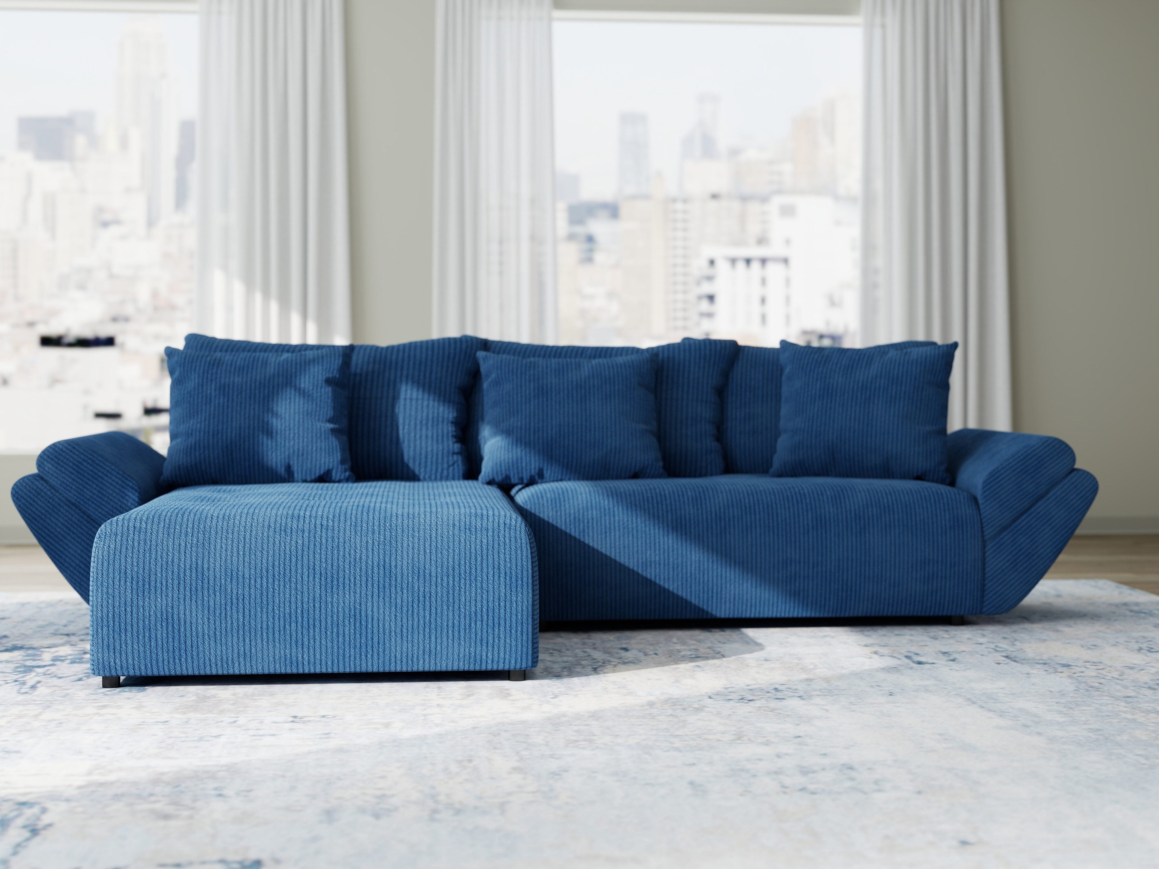 Colțar extensibil dumonde cu ladă de depozitare si sezut confortabil din spuma high-density, Berlin Zoom Albastru 280x185 cm