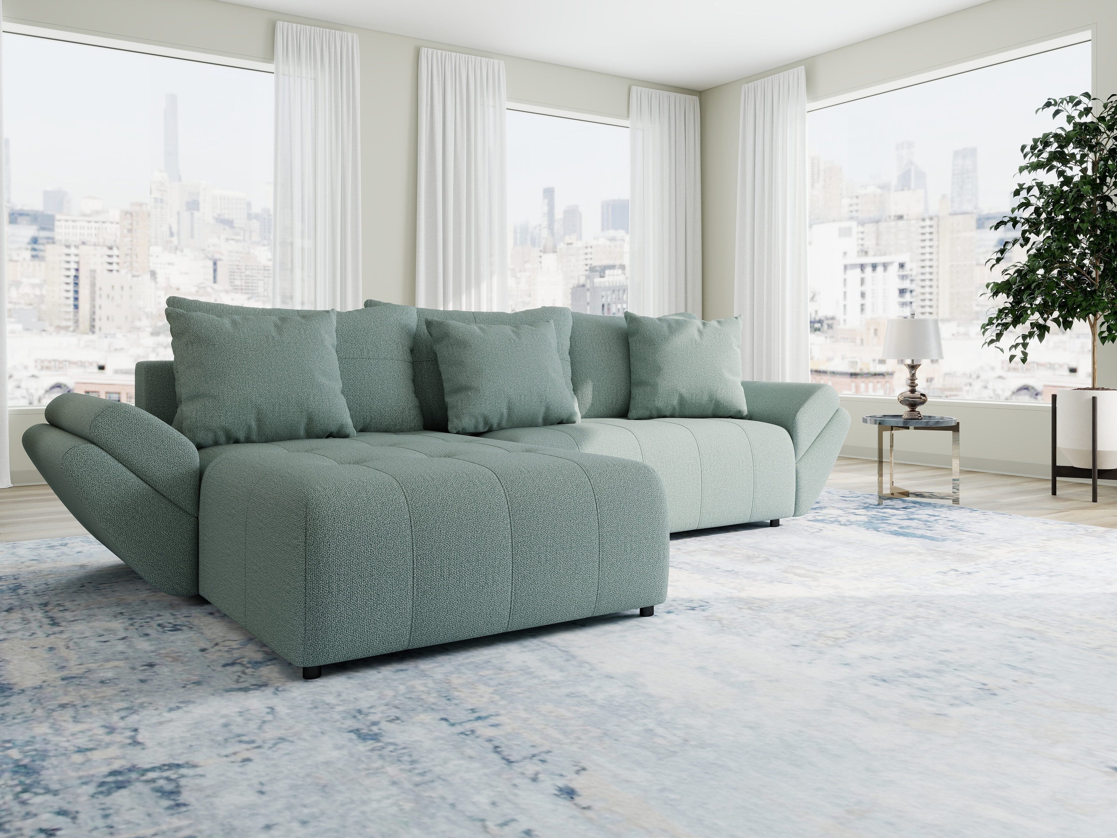 Colțar extensibil dumonde cu ladă de depozitare si sezut confortabil din spuma high-density, Berlin Enjoy Verde Mint 280x185 cm