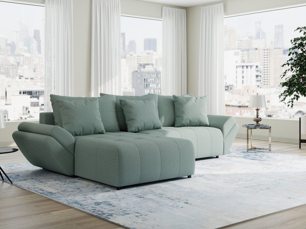 Colțar extensibil dumonde cu ladă de depozitare si sezut confortabil din spuma high-density, Berlin Enjoy Verde Mint 280x185 cm