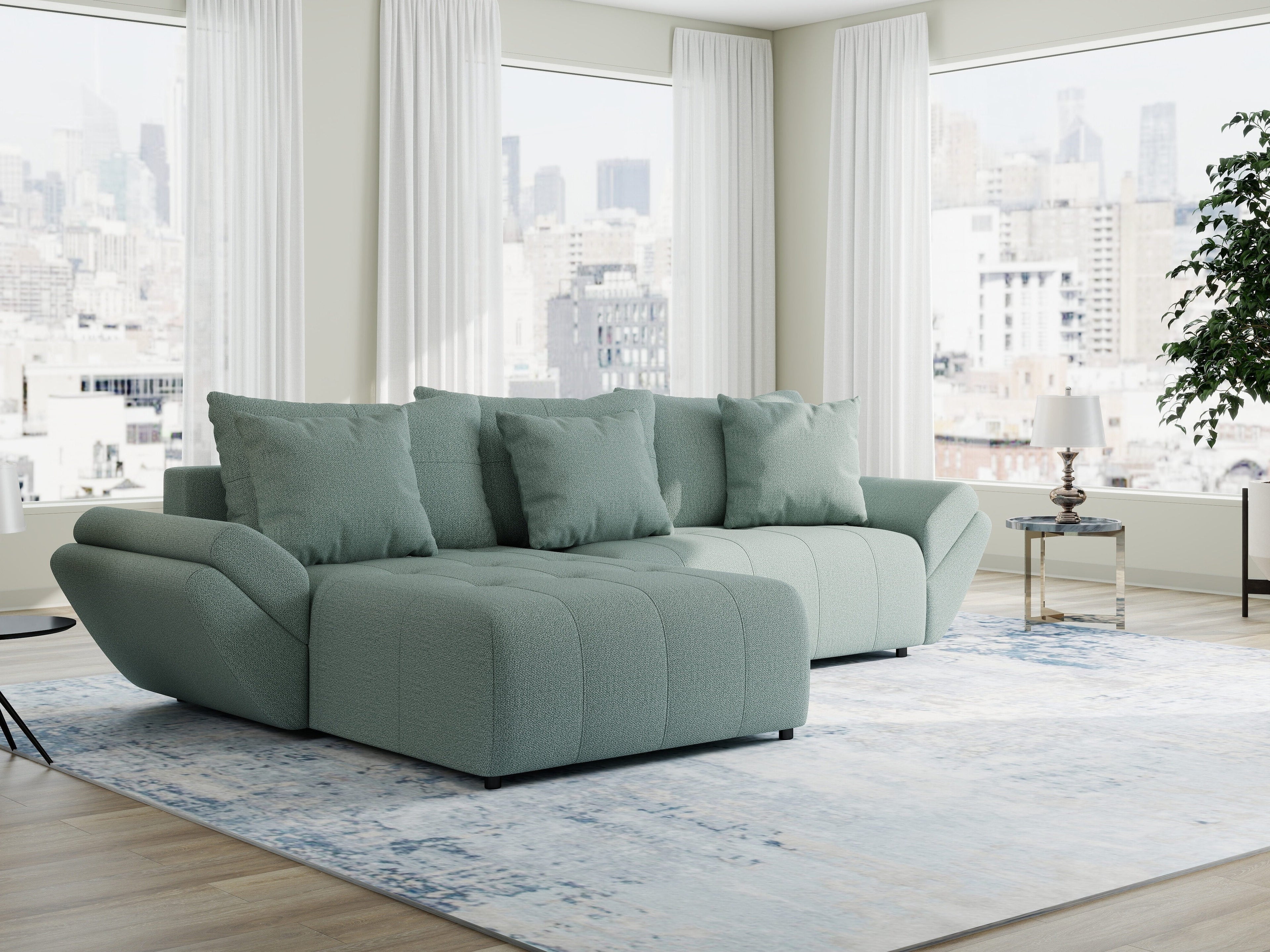 Colțar extensibil dumonde cu ladă de depozitare si sezut confortabil din spuma high-density, Berlin Enjoy Verde Mint 280x185 cm