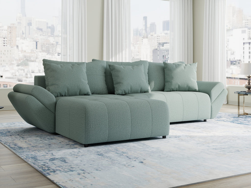 Colțar extensibil dumonde cu ladă de depozitare si sezut confortabil din spuma high-density, Berlin Enjoy Verde Mint 280x185 cm