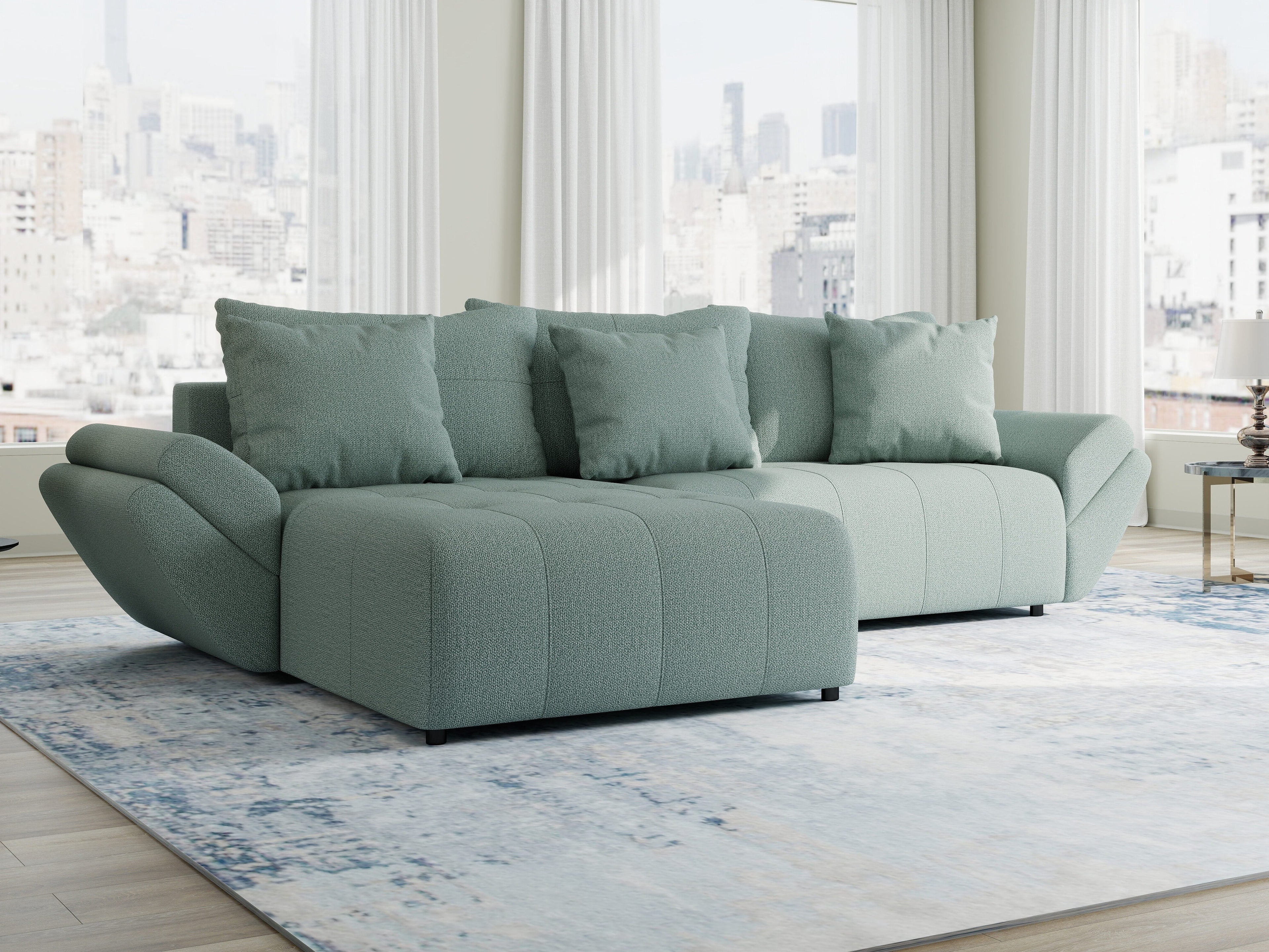 Colțar extensibil dumonde cu ladă de depozitare si sezut confortabil din spuma high-density, Berlin Enjoy Verde Mint 280x185 cm