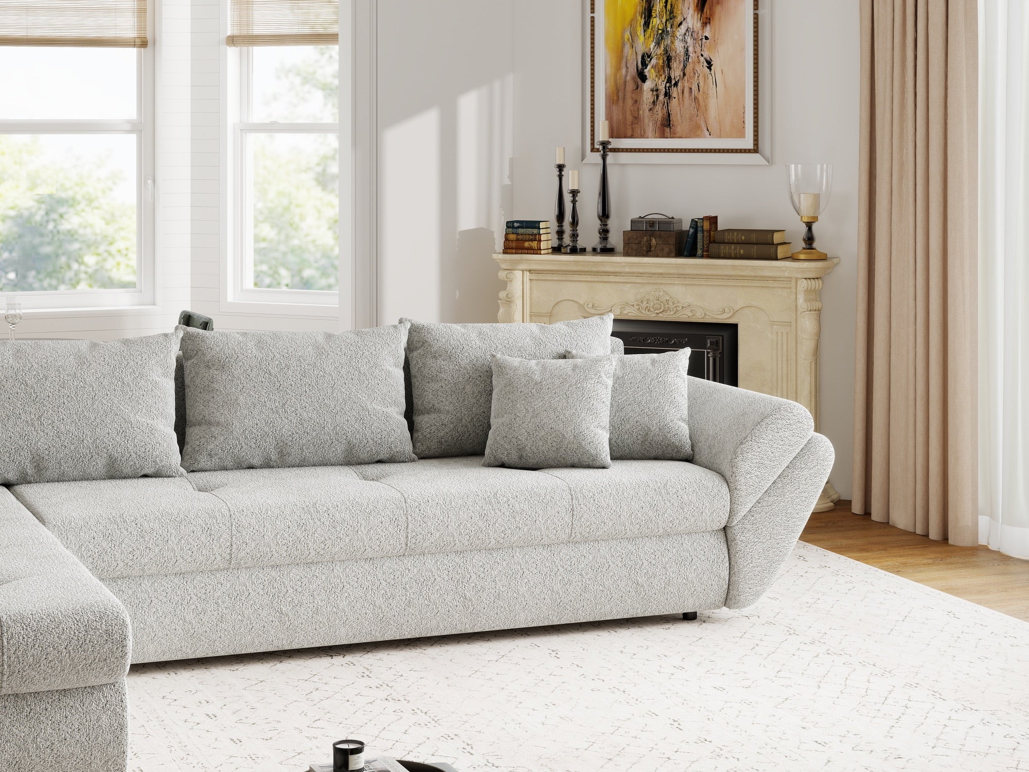 Colțar extensibil dumonde cu ladă de depozitare si sezut confortabil din spuma high-density, Loana XL Arena Gri 335x185 cm