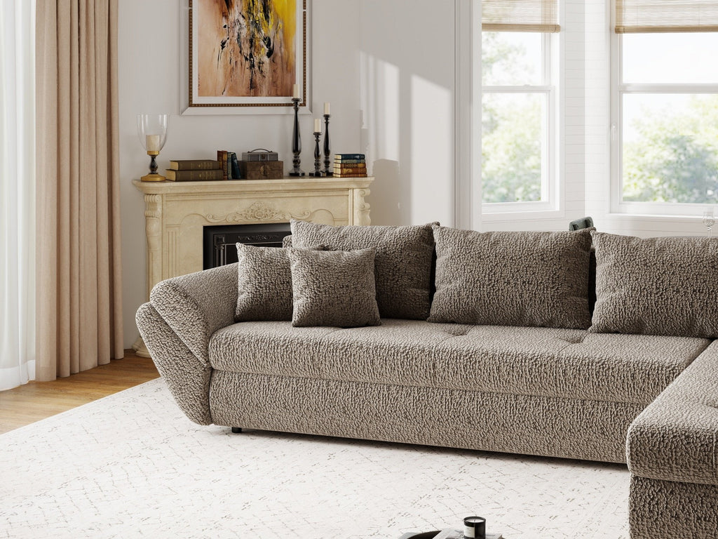 Colțar extensibil dumonde cu ladă de depozitare si sezut confortabil din spuma high-density, Loana XL Jaguar Maro Cappuccino II 335x185 cm