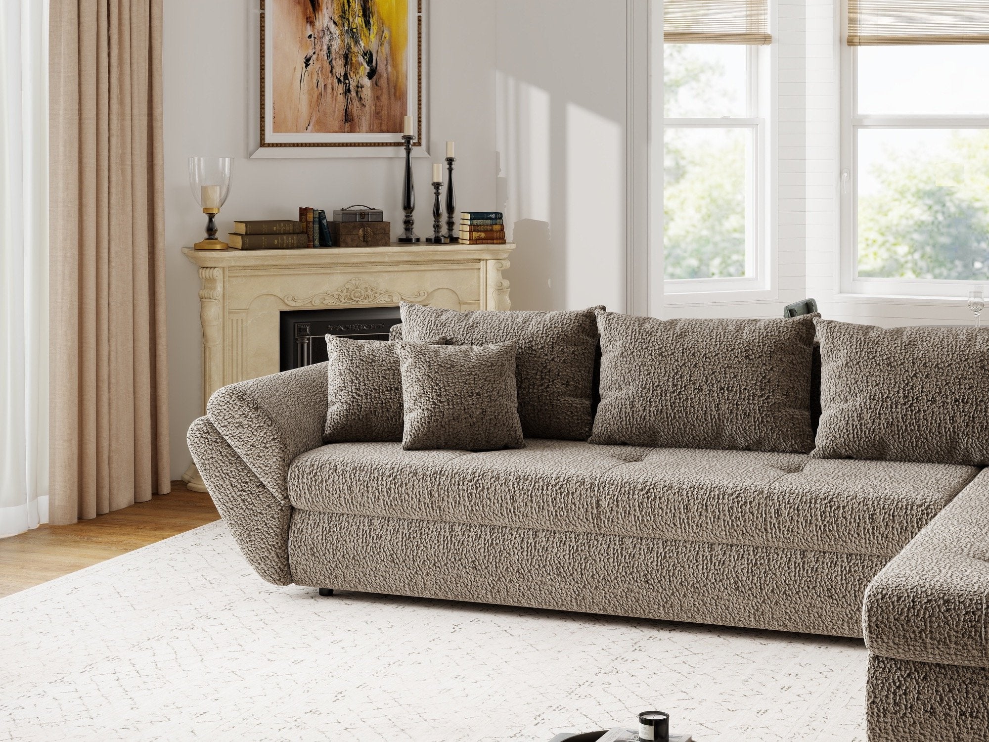 Colțar extensibil dumonde cu ladă de depozitare si sezut confortabil din spuma high-density, Loana XL Jaguar Maro Cappuccino II 335x185 cm