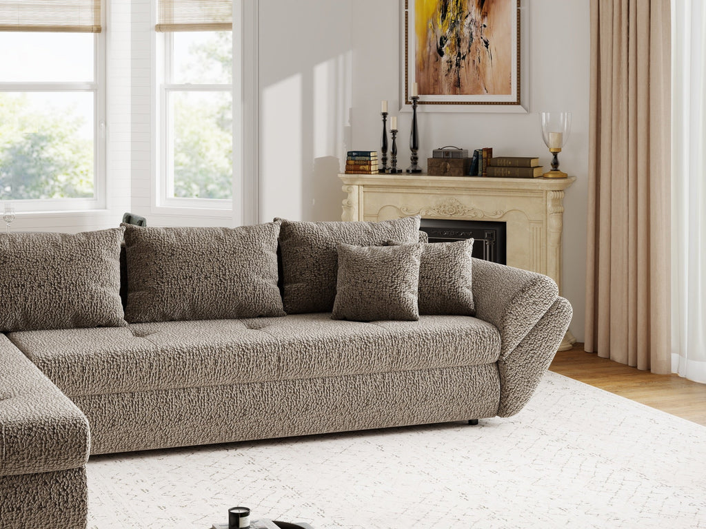 Colțar extensibil dumonde cu ladă de depozitare si sezut confortabil din spuma high-density, Loana XL Jaguar Maro Cappuccino 335x185 cm
