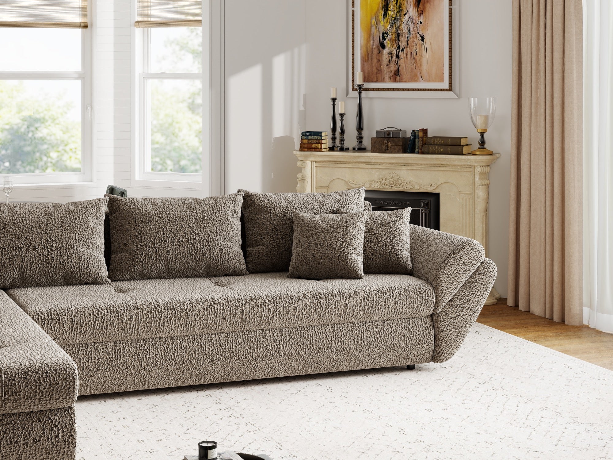 Colțar extensibil dumonde cu ladă de depozitare si sezut confortabil din spuma high-density, Loana XL Jaguar Maro Cappuccino 335x185 cm