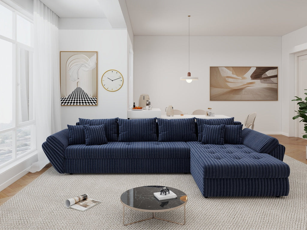 Colțar extensibil dumonde cu ladă de depozitare si sezut confortabil din spuma high-density, Loana XL Tilia Albastru II 335x185 cm