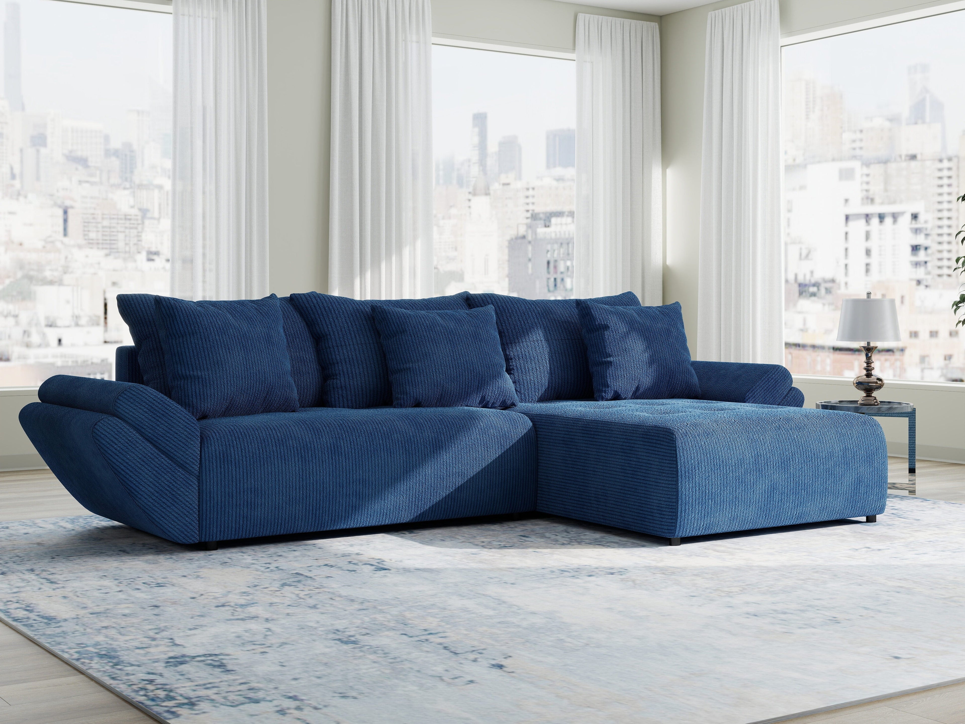 Colțar extensibil dumonde cu ladă de depozitare si sezut confortabil din spuma high-density, Berlin Zoom Albastru 280x185 cm II