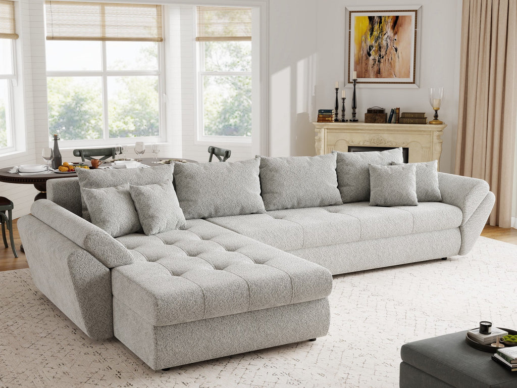 Colțar extensibil dumonde cu ladă de depozitare si sezut confortabil din spuma high-density, Loana XL Arena Gri 335x185 cm