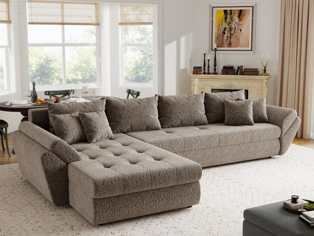 Colțar extensibil dumonde cu ladă de depozitare si sezut confortabil din spuma high-density, Loana XL Jaguar Maro Cappuccino 335x185 cm