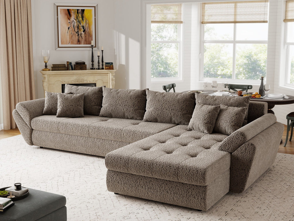 Colțar extensibil dumonde cu ladă de depozitare si sezut confortabil din spuma high-density, Loana XL Jaguar Maro Cappuccino II 335x185 cm