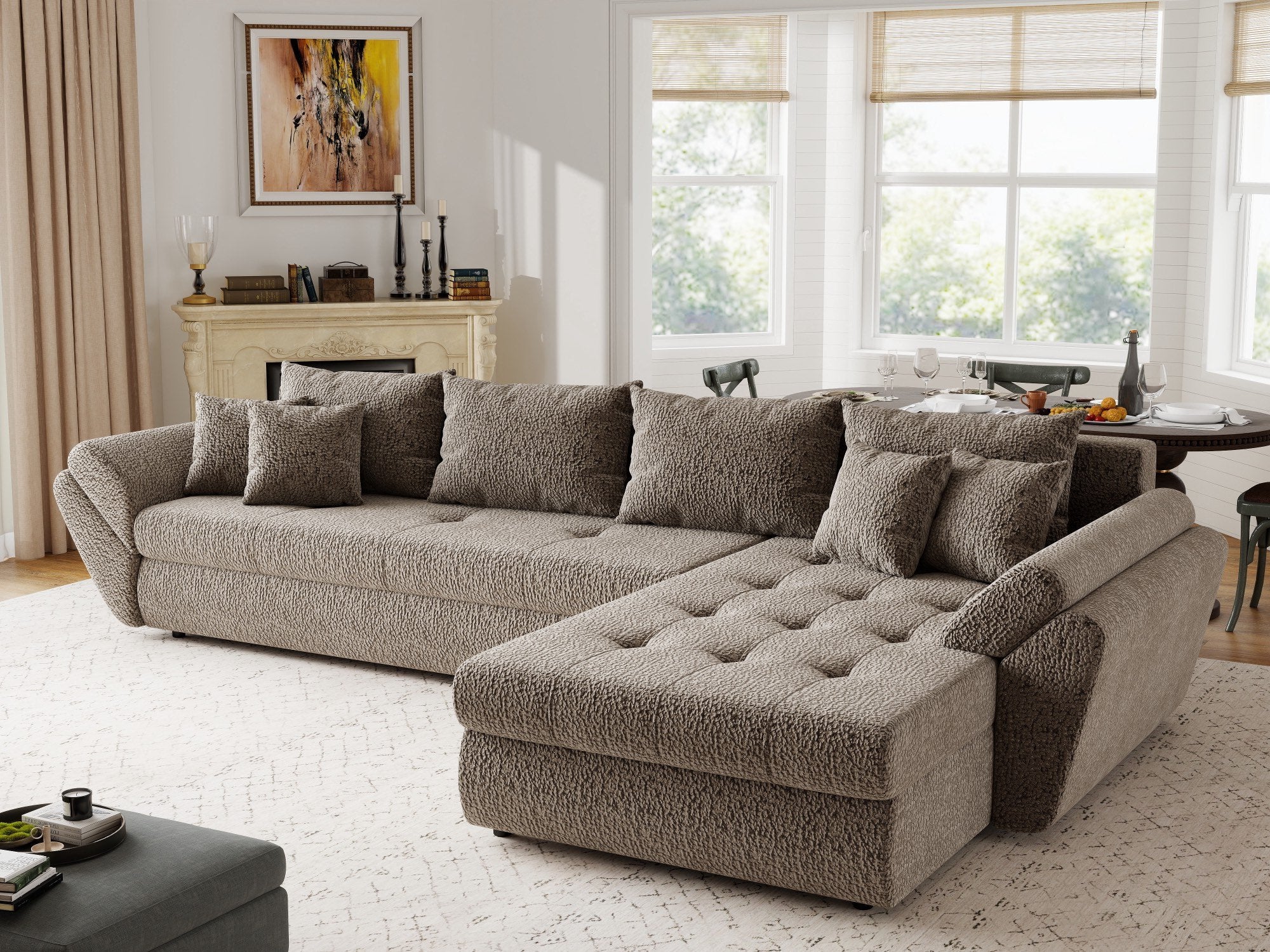 Colțar extensibil dumonde cu ladă de depozitare si sezut confortabil din spuma high-density, Loana XL Jaguar Maro Cappuccino II 335x185 cm