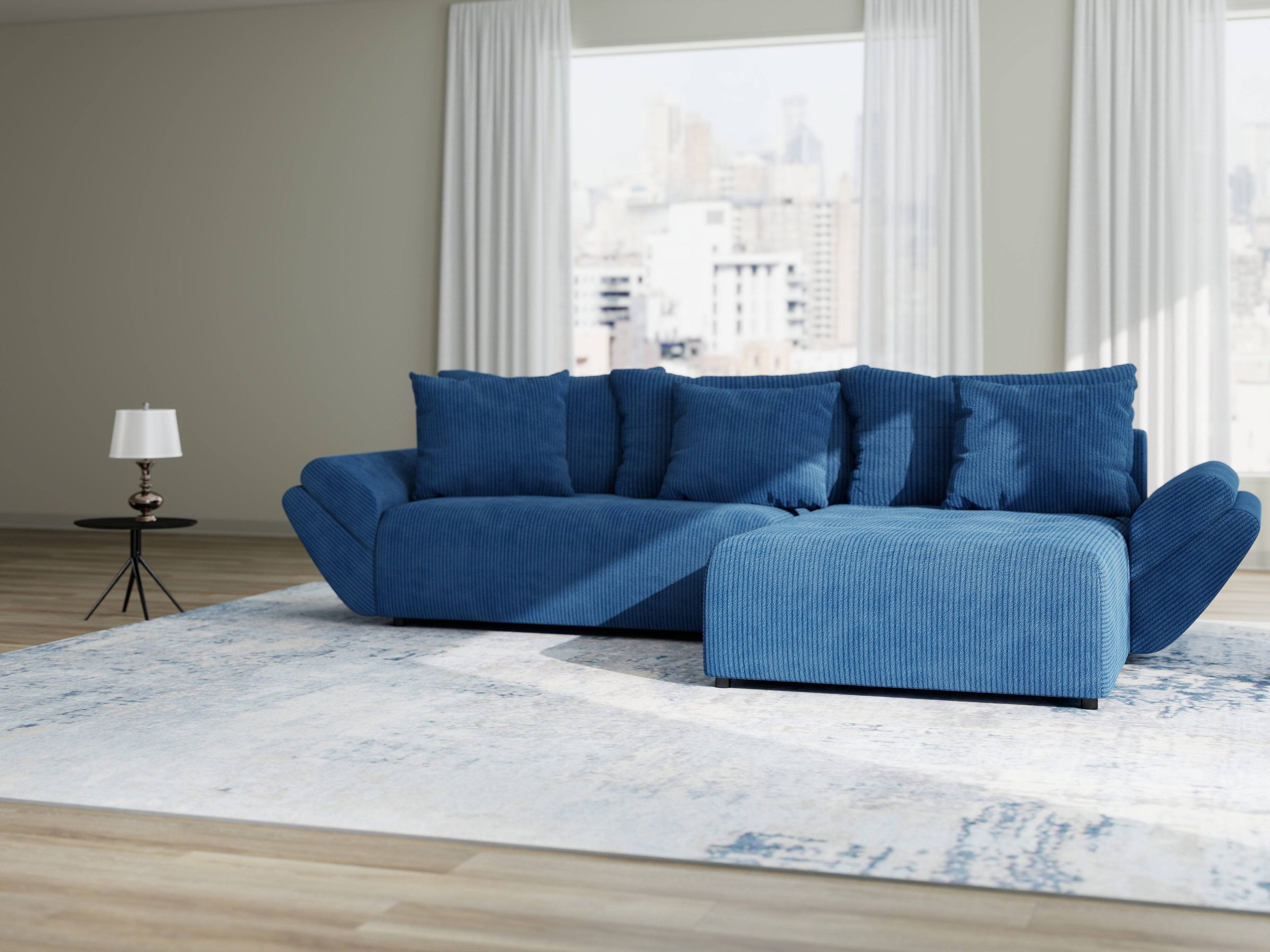 Colțar extensibil dumonde cu ladă de depozitare si sezut confortabil din spuma high-density, Berlin Zoom Albastru 280x185 cm II