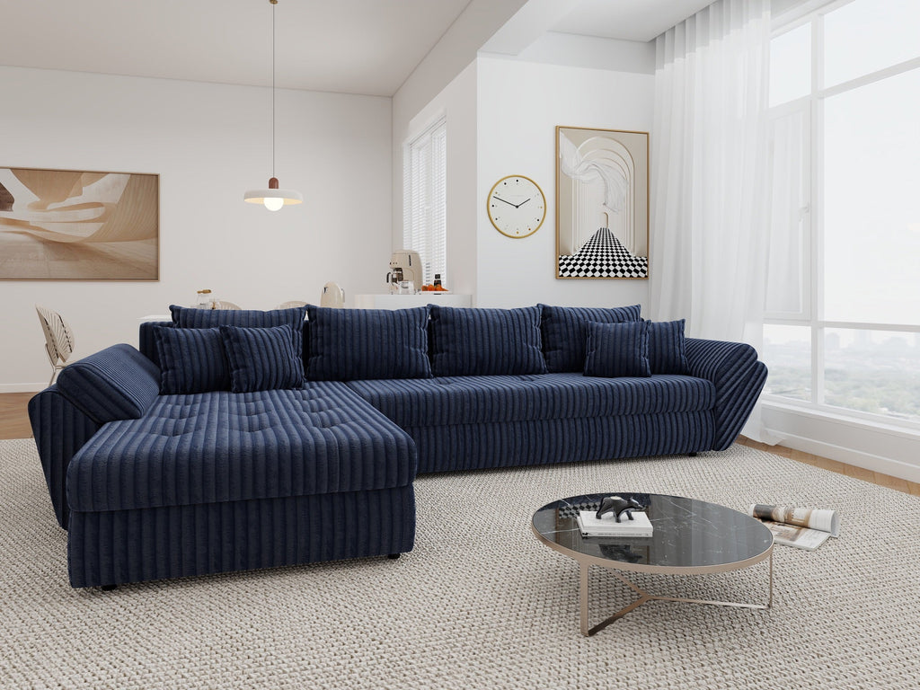 Colțar extensibil dumonde cu ladă de depozitare si sezut confortabil din spuma high-density, Loana XL Tilia Albastru 335x185 cm