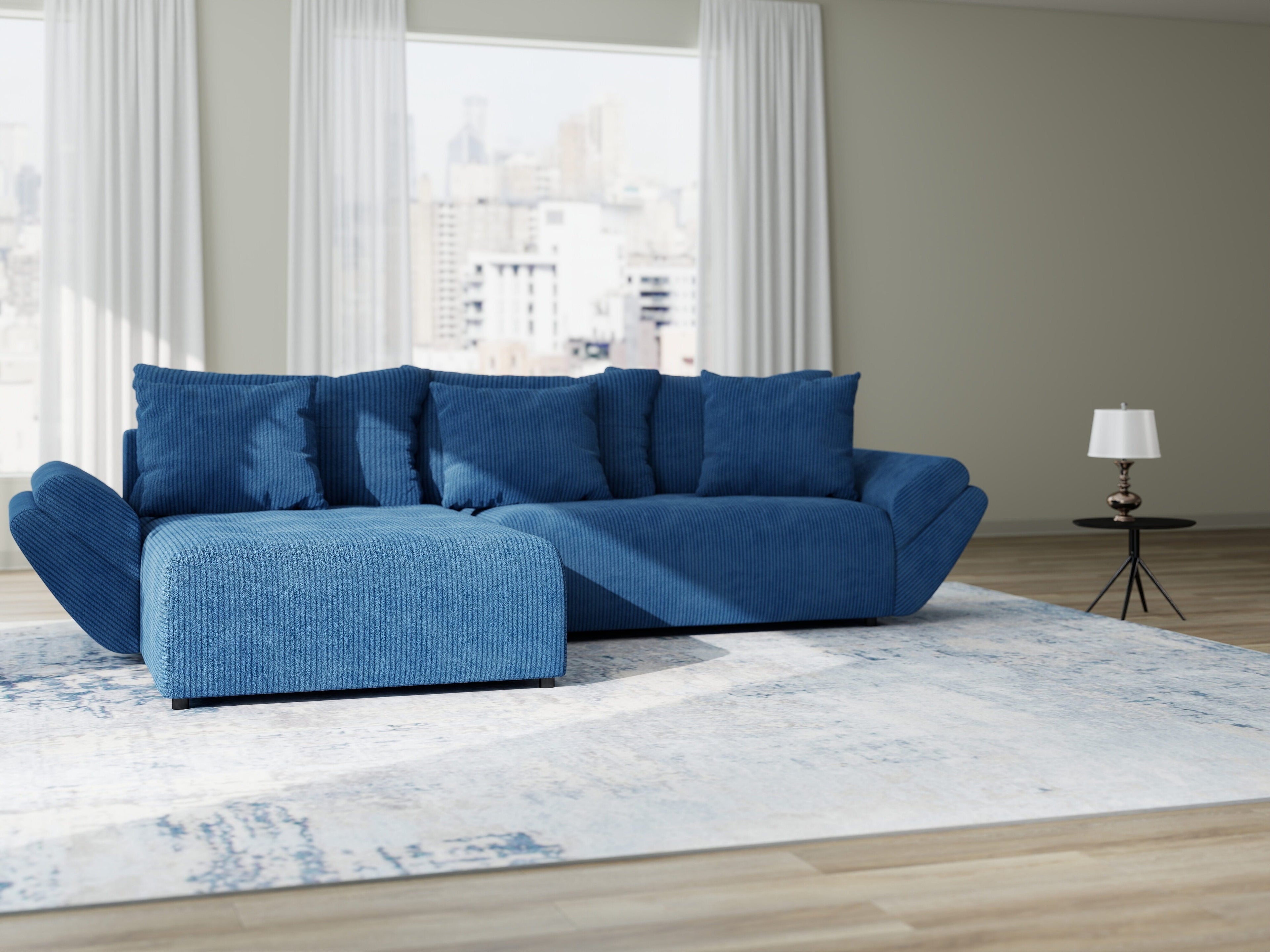 Colțar extensibil dumonde cu ladă de depozitare si sezut confortabil din spuma high-density, Berlin Zoom Albastru 280x185 cm