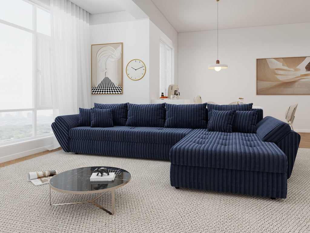 Colțar extensibil dumonde cu ladă de depozitare si sezut confortabil din spuma high-density, Loana XL Tilia Albastru II 335x185 cm