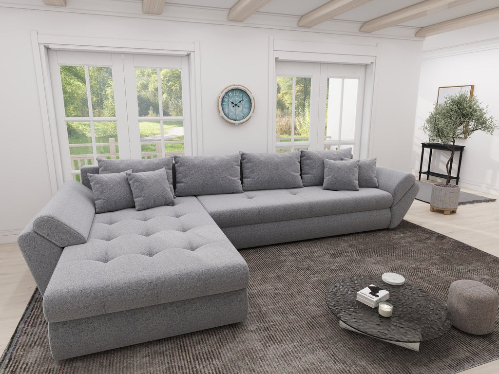 Colțar extensibil dumonde cu ladă de depozitare si sezut confortabil din spuma high-density, Loana XL Monte Gri 84 335x185 cm
