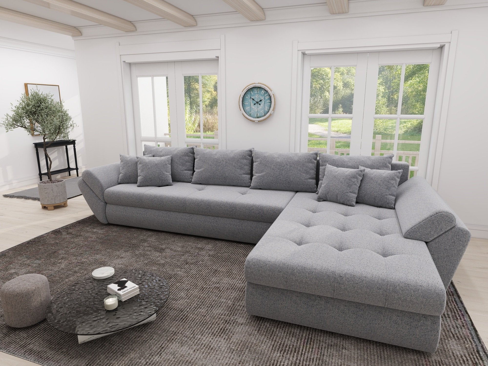 Colțar extensibil dumonde cu ladă de depozitare si sezut confortabil din spuma high-density, Loana XL Monte Gri 84 II 335x185 cm