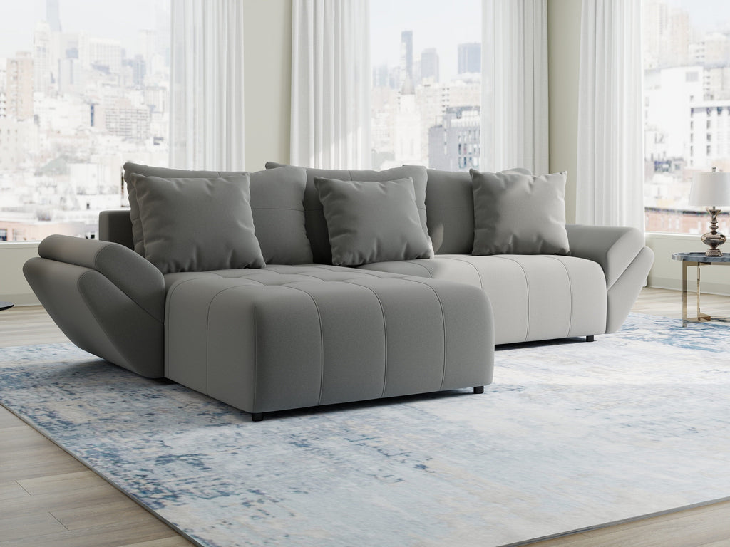 Colțar extensibil dumonde cu ladă de depozitare si sezut confortabil din spuma high-density, Berlin Royal Gri 280x185 cm