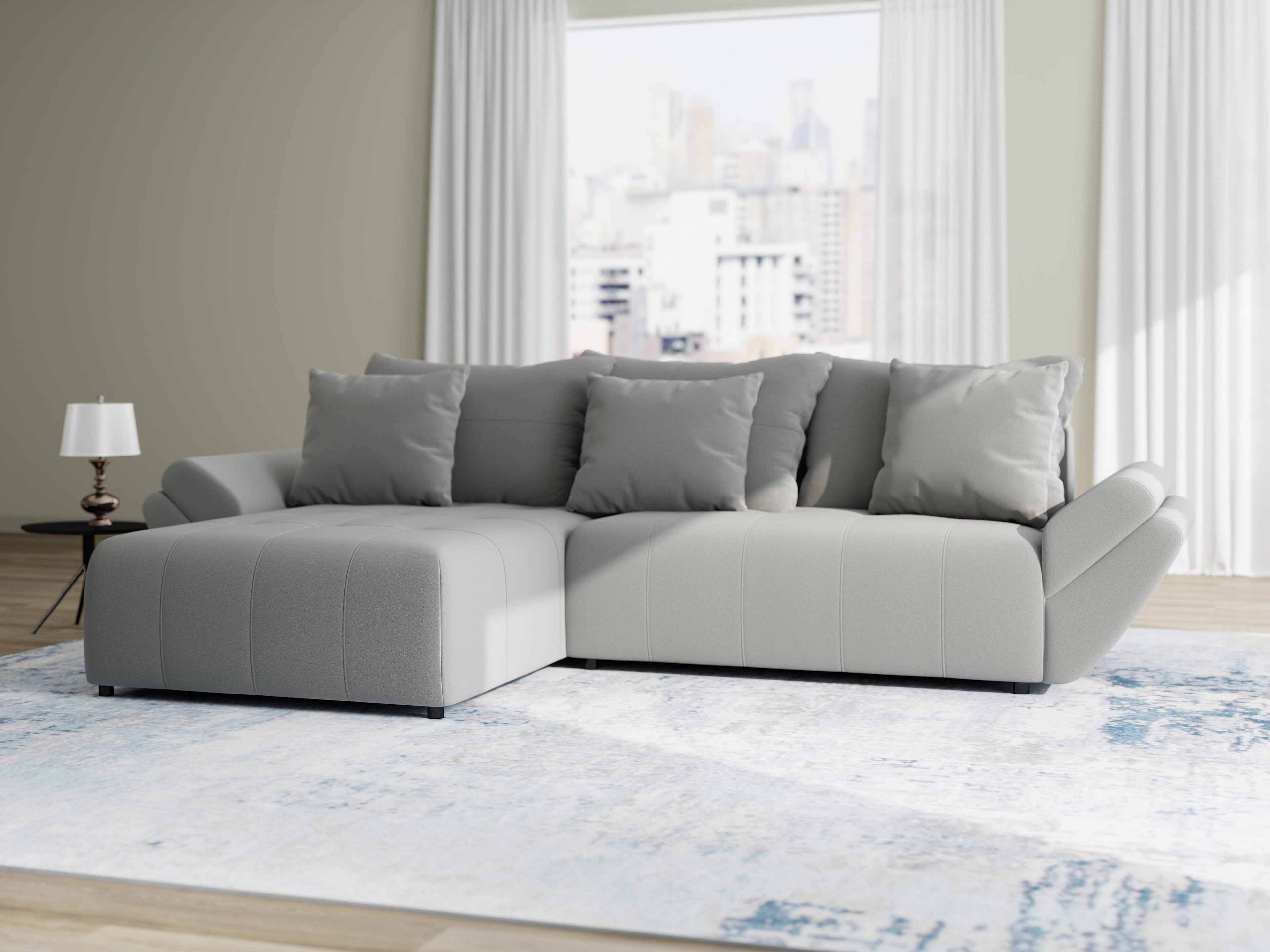 Colțar extensibil dumonde cu ladă de depozitare si sezut confortabil din spuma high-density, Berlin Royal Gri 280x185 cm